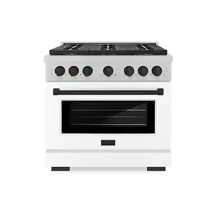 Front. ZLINE - Autograph 36 in. 5.2 cu. ft. Freestanding Paramount Gas DuoPro Range in Satin Steel with White Door and Black Accents - White Matte.