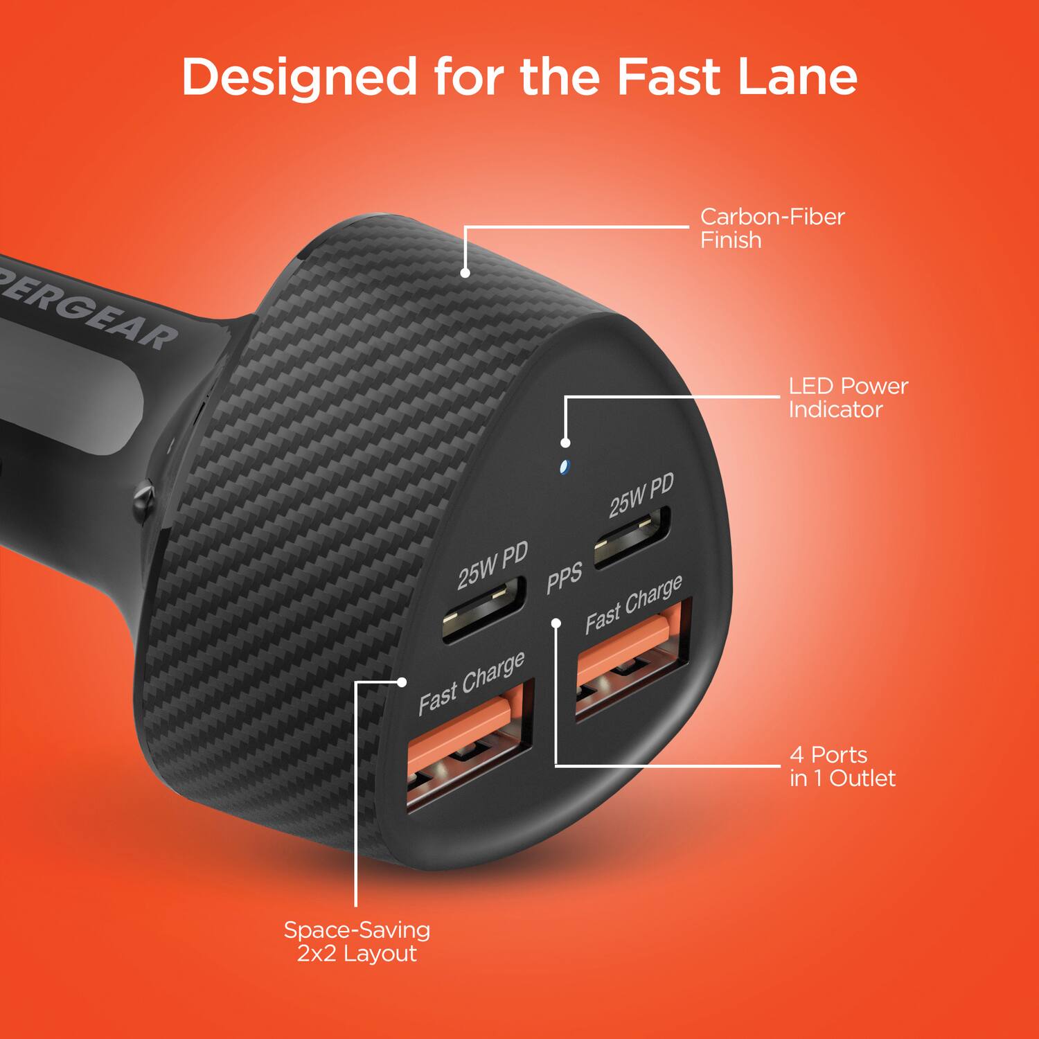 Designed for the Fast Lane

- Carbon-Fiber Finish
- LED Power Indicator
- 25W PD
- PPS
- Fast Charge
- 4 Ports in 1 Outlet
- Space-Saving 2x2 Layout