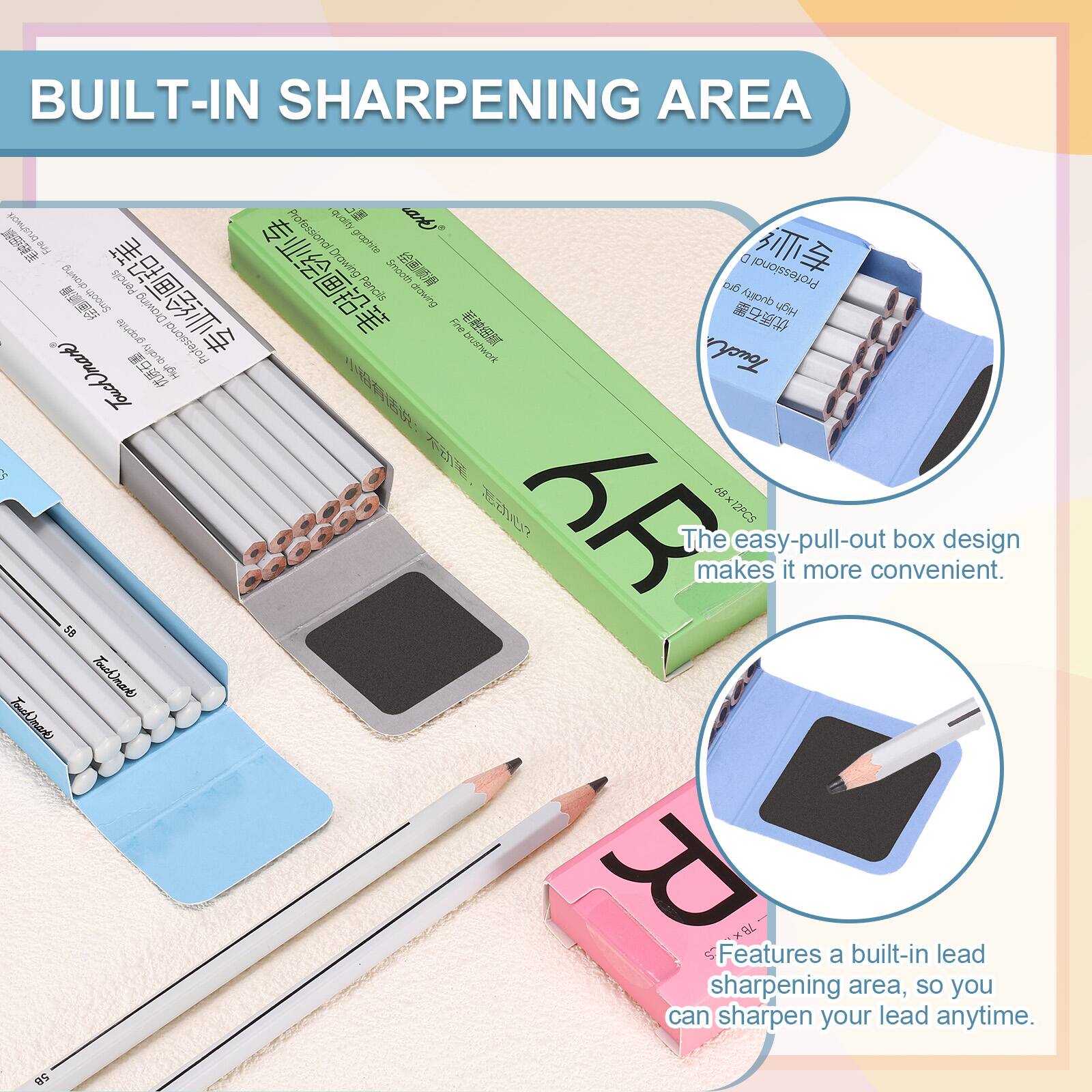 BUILT-IN SHARPENING AREA

The easy-pull-out box design makes it more convenient.

Features a built-in lead sharpening area, so you can sharpen your lead anytime.