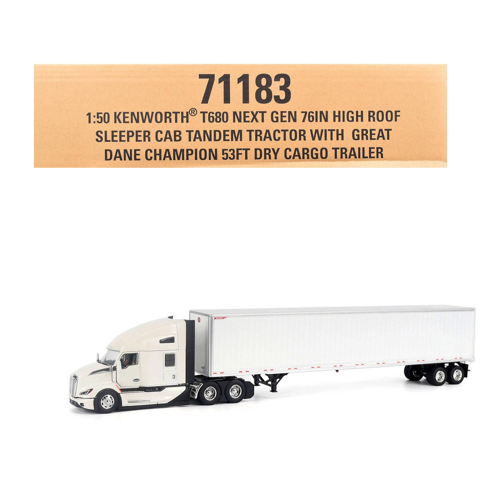 Kenworth T680 Next-Gen 76" High-Roof Sleeper White w/Great Dane Champion 53ft Dry Trailer 1/50 Model by Diecast Masters