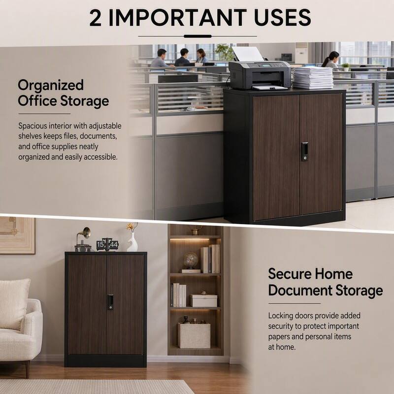 2 IMPORTANT USES

Organized Office Storage
Spacious interior with adjustable shelves keeps files, documents, and office supplies neatly organized and easily accessible.

Secure Home Document Storage
Locking doors provide added security to protect important papers and personal items at home.