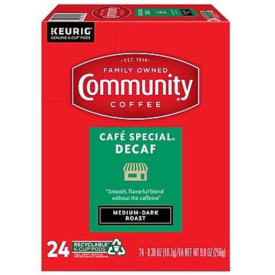 KEURIG GENUINE K-CUP PODS

EST. 1919 FAMILY OWNED

Community COFFEE

CAFÉ SPECIAL. DECAF
"Smooth, flavorful blend without the caffeine"
MEDIUM-DARK ROAST

24 RECYCLABLE K-CUP PODS

24 - 0.33 OZ (10.7g/EA) NET WT 9.0 OZ (256g)