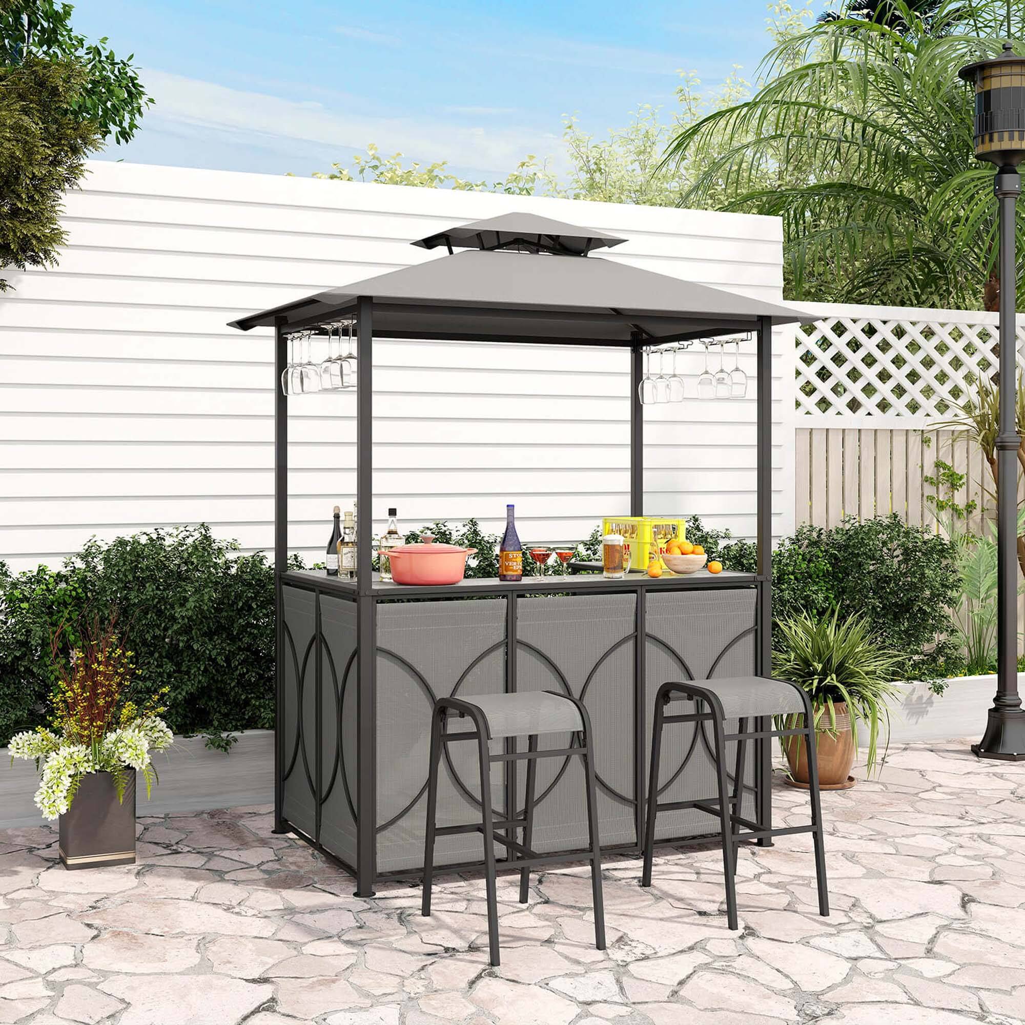 Alt View 1. Costway - 3 PCS Patio Bar Set with Tempered Glass Bar Table Metal Storage Shelves for Garden - Grey.