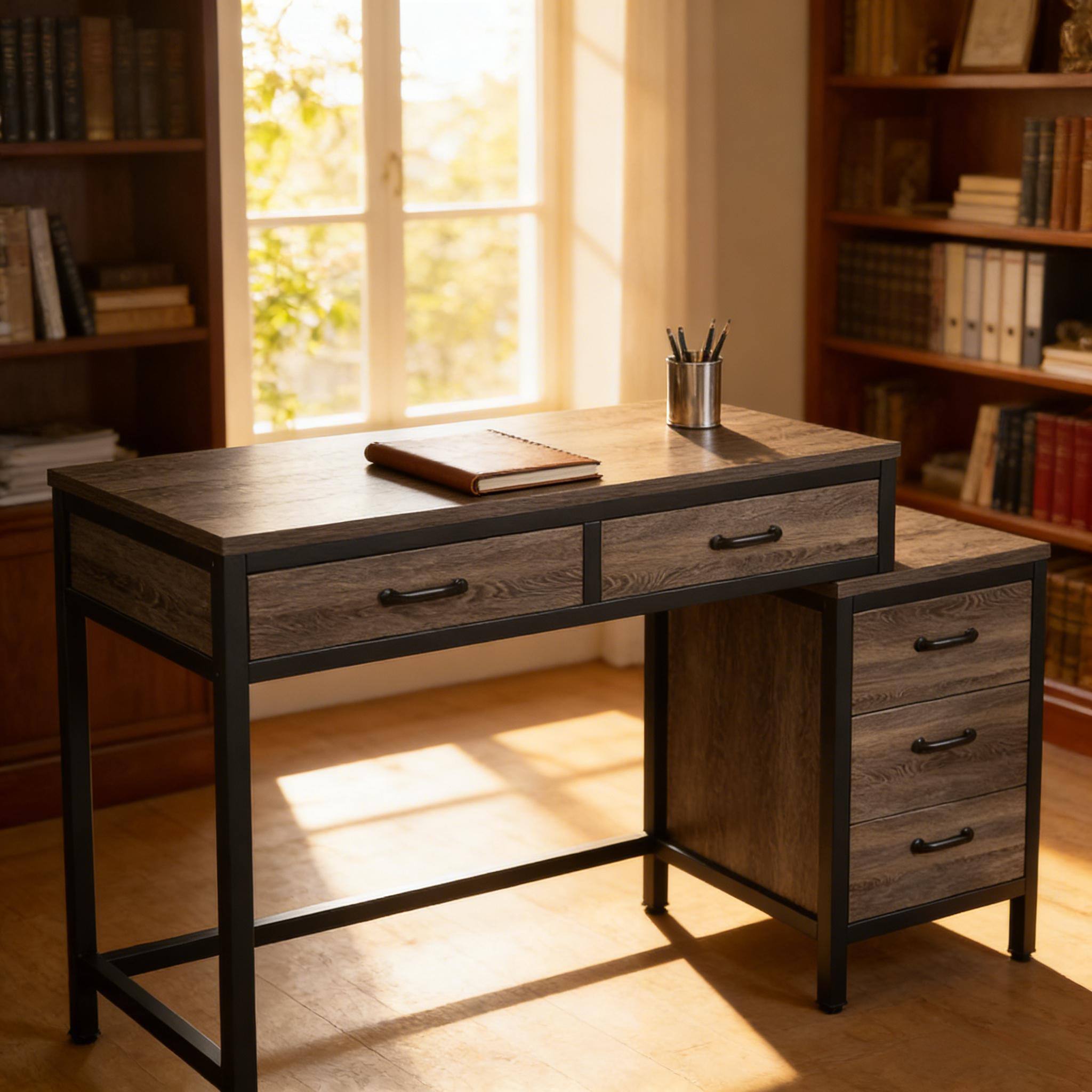 Back. Forest'nSky - Modern Computer Desk with Drawer Cabinet, Writing Table & Spacious Office Workstation,Grey - Grey.