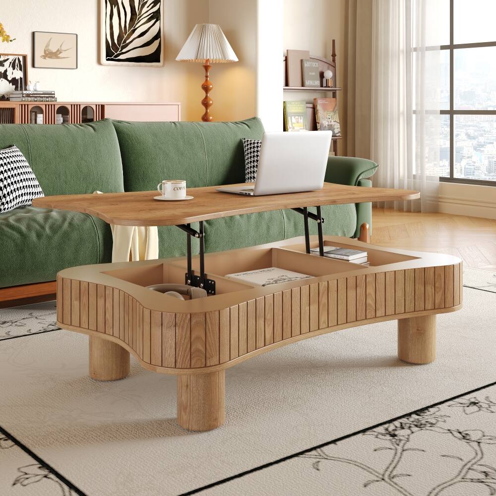 Angle. Loheer - Loheer 42 inch light brown coffee table, lift top coffee table with hidden storage and fluted panels - Light Brown.