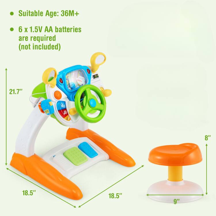 - Suitable Age: 36M+
- 6 x 1.5V AA batteries are required (not included)

Dimensions:
- 21.7" (height)
- 18.5" (width)
- 18.5" (depth)
- 8" (seat height)
- 9" (seat width)