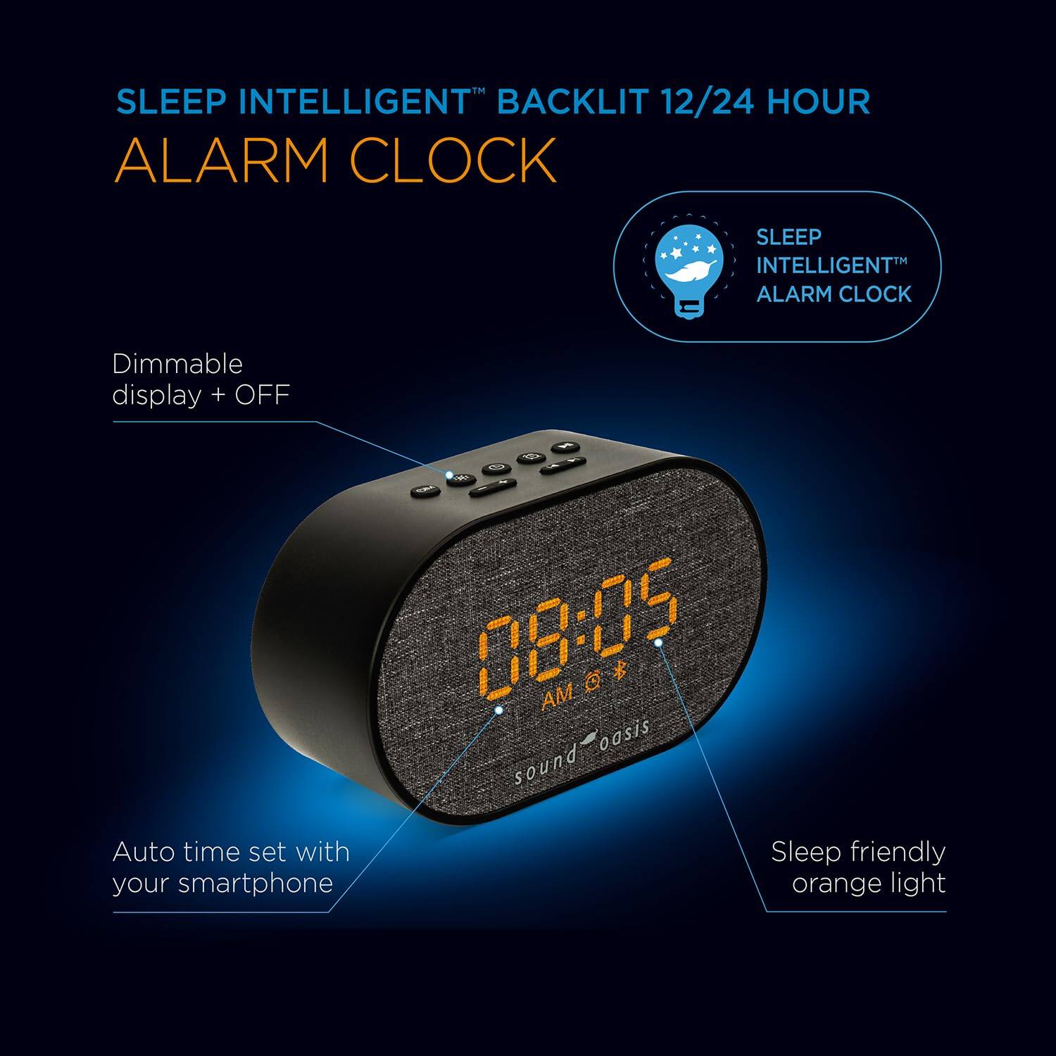 The corrected text is:

"SLEEP INTELLIGENT™ BACKLIT 12/24 HOUR ALARM CLOCK

- Dimmable display + OFF
- Auto time set with your smartphone
- Sleep friendly orange light"