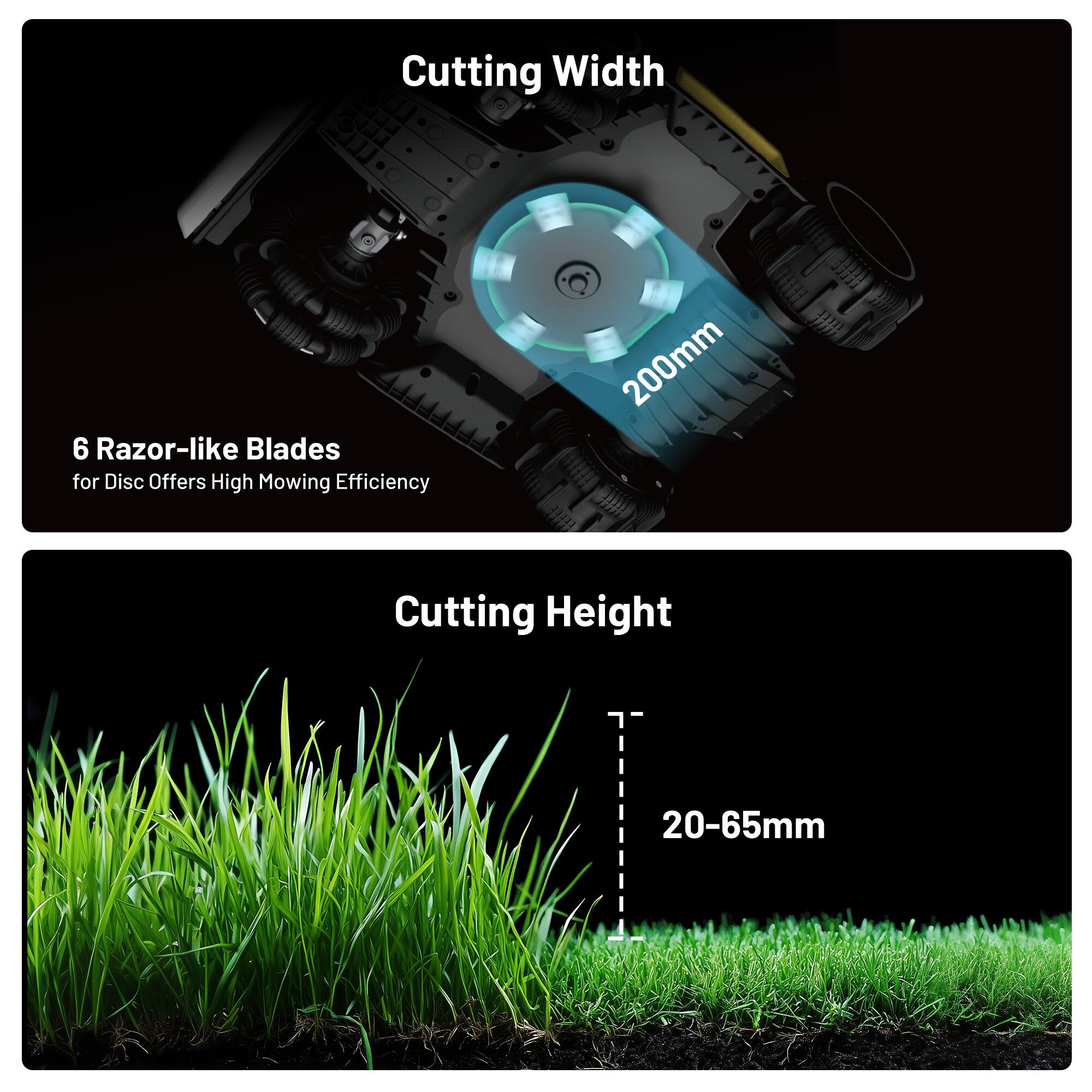 Cutting Width  
200mm  

6 Razor-like Blades for Disc Offers High Mowing Efficiency  

Cutting Height  
20-65mm