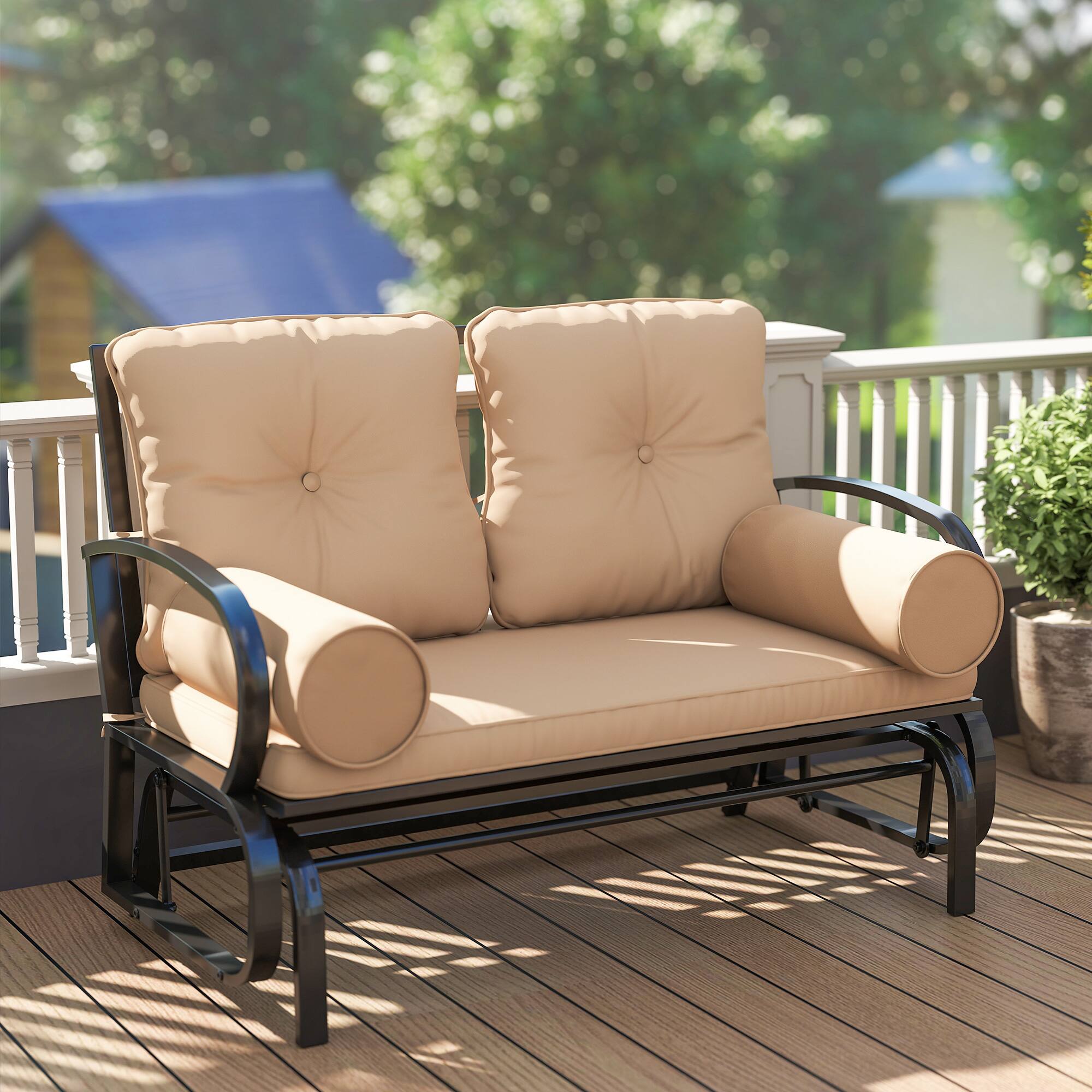 Alt View 7. Outsunny - Swing Glider Rocking Chair, Double Patio Bench, 2 Person Loveseat with Steel Frame, Cushions, Pillow Armrests - Khaki.