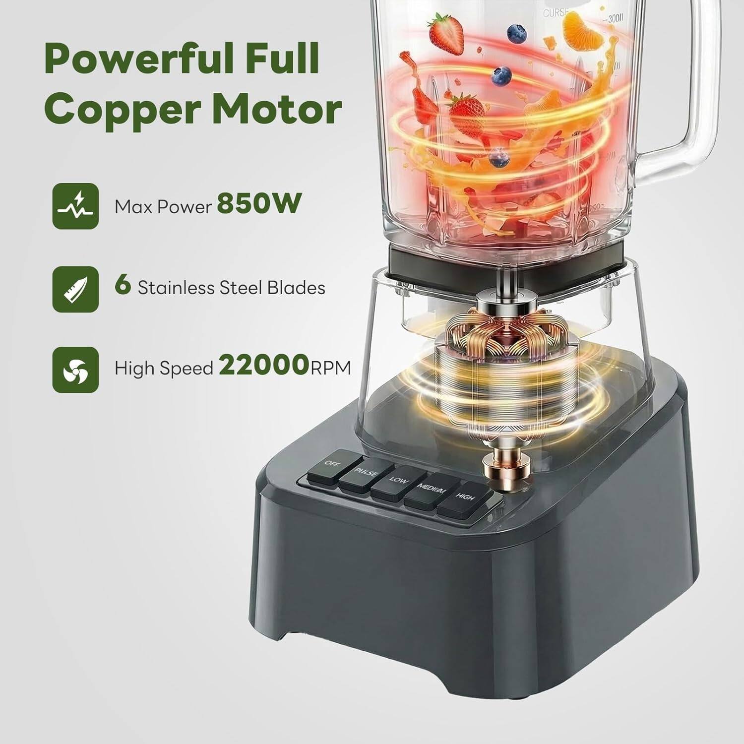 Powerful Full Copper Motor  
Max Power 850W  
6 Stainless Steel Blades  
High Speed 22000RPM