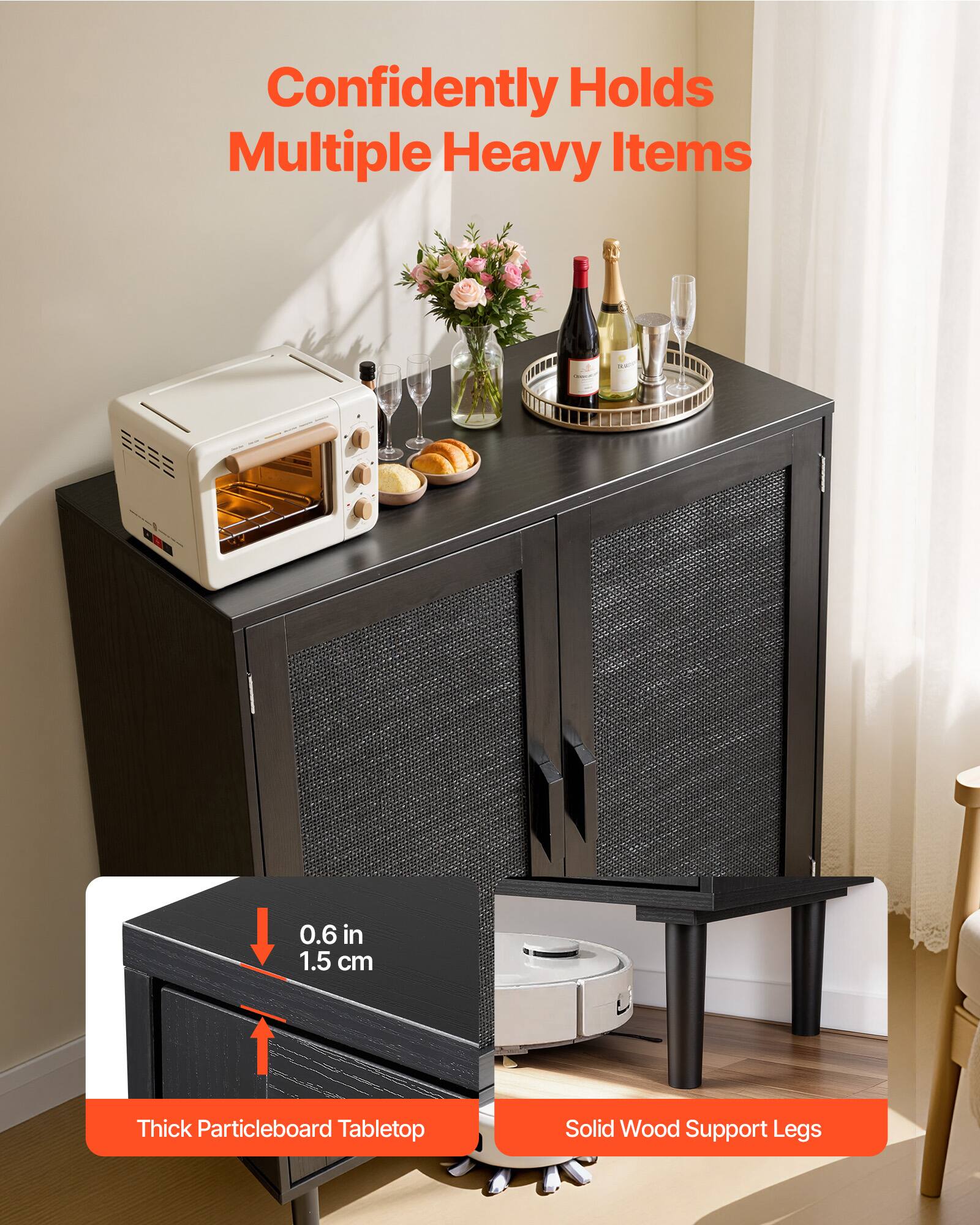 Confidently Holds Multiple Heavy Items

0.6 in 1.5 cm Thick Particleboard Tabletop

Solid Wood Support Legs