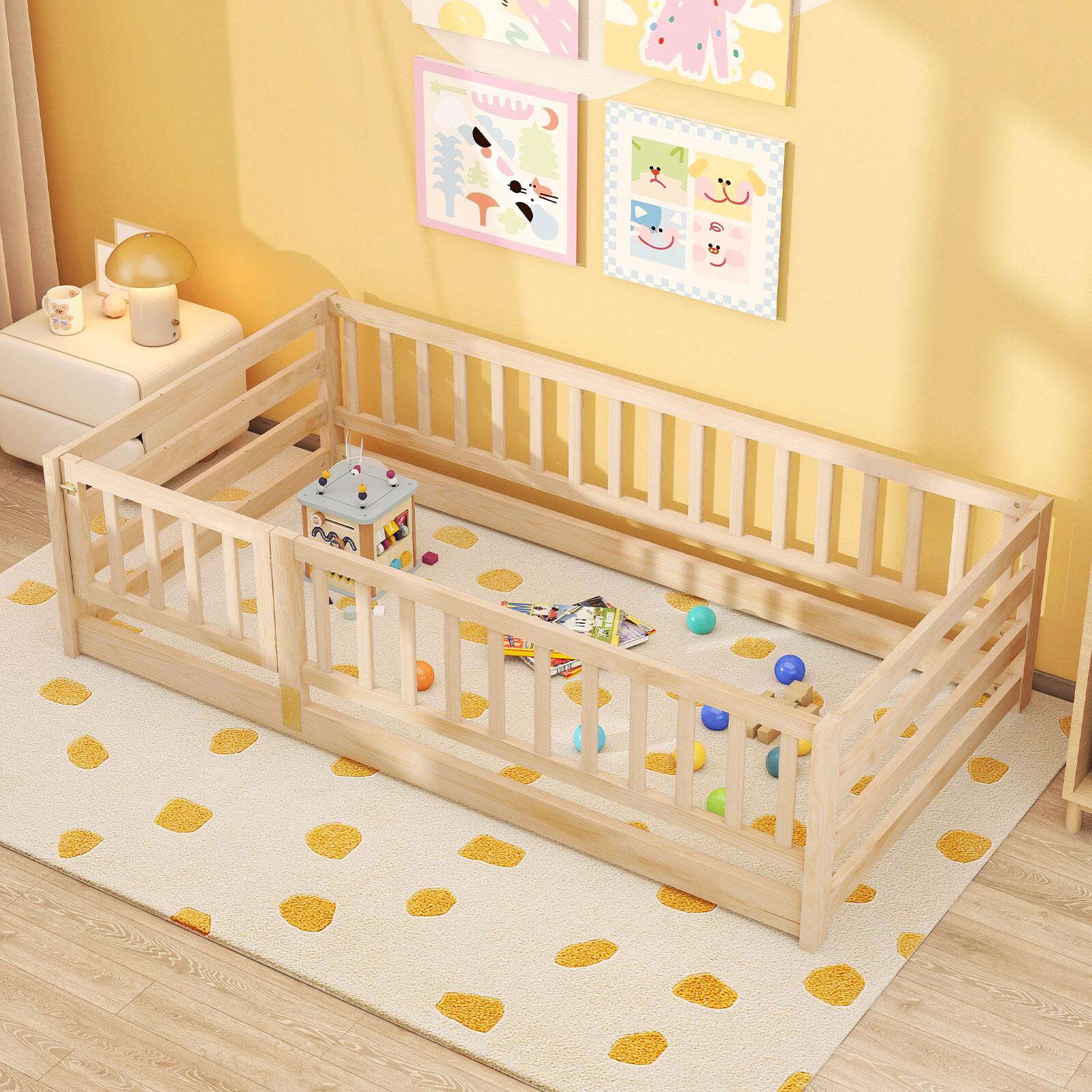 Alt View 4. Gymax - Gymax Twin Size Floor Bed w/High Fence & Door Safety Guardrails Wood Floor Bed Frame Natural - Natural.