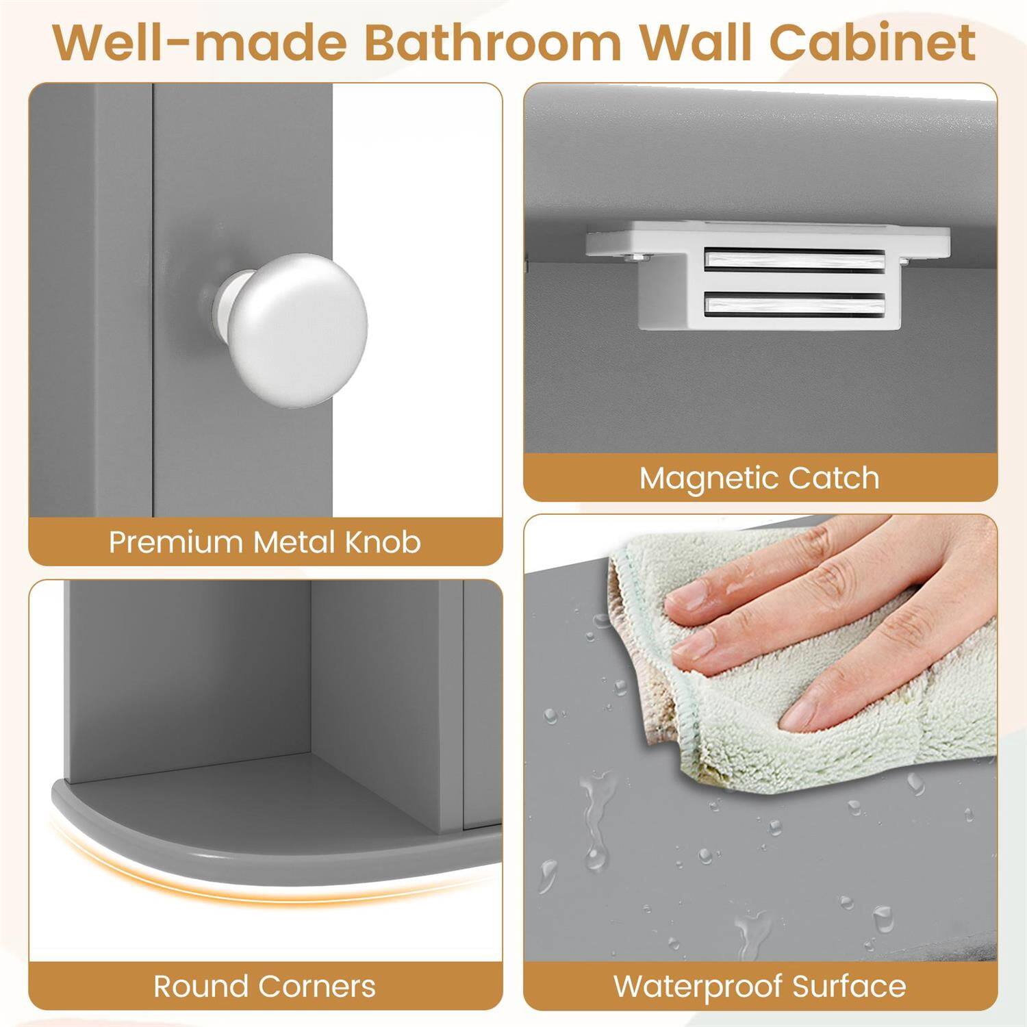 Well-made Bathroom Wall Cabinet

- Premium Metal Knob
- Magnetic Catch
- Round Corners
- Waterproof Surface