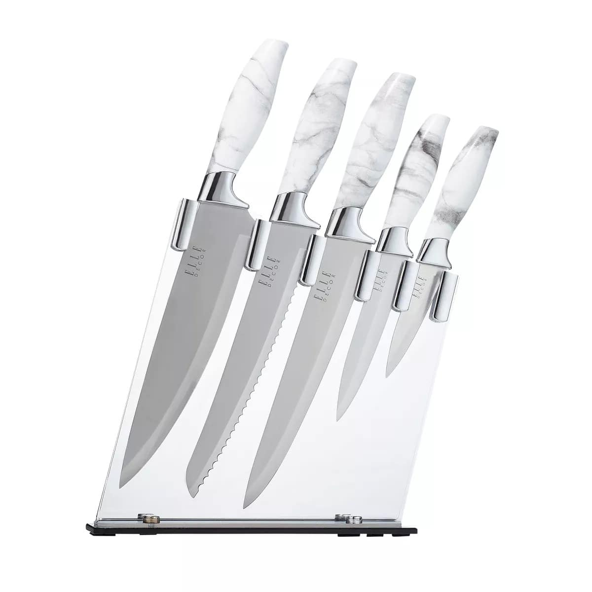 Elle Decor - 5-Piece Professional Kitchen Knife Set Marble Handle, Include Clear Block & Paring Knives - Chrome Finish