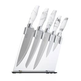 Elle Decor - 5-Piece Professional Kitchen Knife Set Marble Handle, Include Clear Block & Paring Knives - Chrome Finish