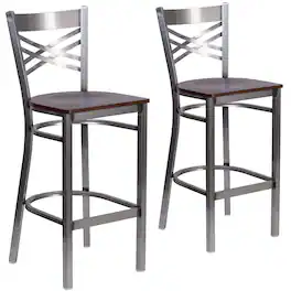 Emma + Oliver - 2 Pack Clear Coated "X" Back Metal Restaurant Barstool - Walnut Wood Seat/Clear Coated Metal Frame