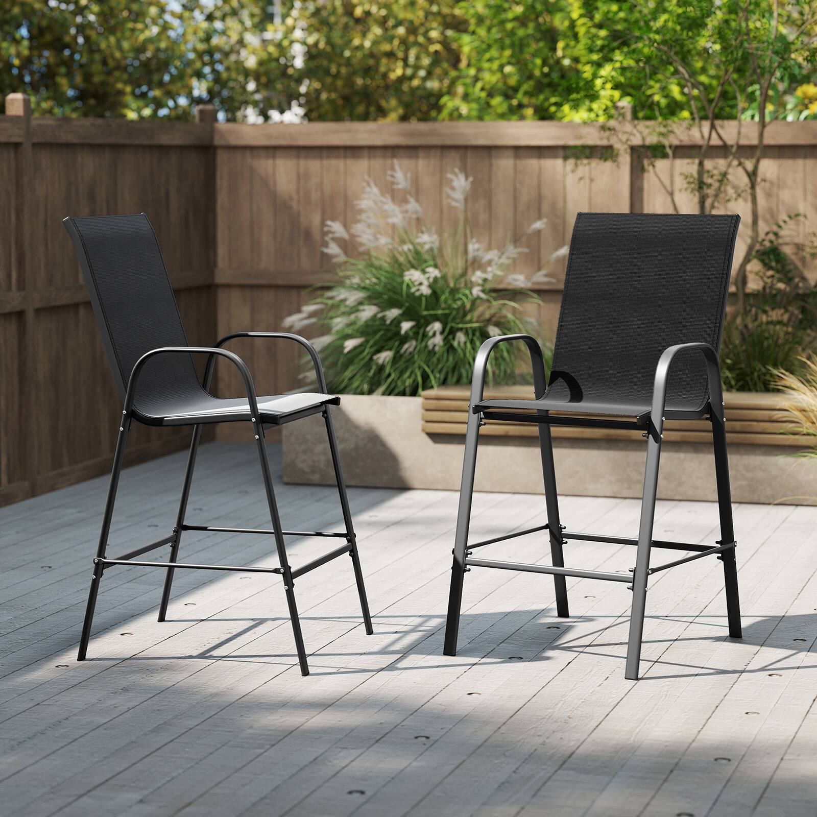 Alt View 4. Gymax - Gymax 4PCS Outdoor Bar Stools 29'' Fabric Bar Height Stools w/ Armrests & Footrest Black - Black.