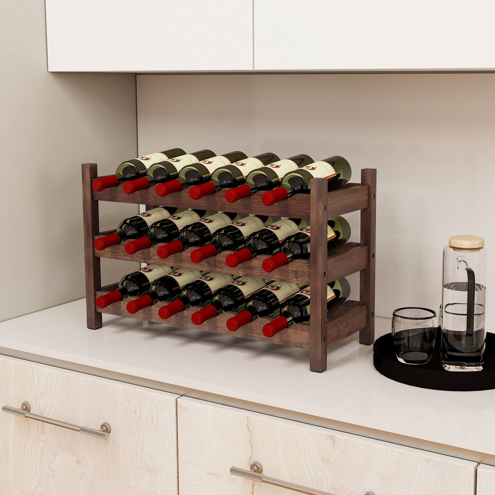 Alt View 1. Gymax - Gymax 3 Tier 18 Bottle Wine Storage Cabinet Shelf Bamboo Wine Rack for Wine Lovers - Brown.