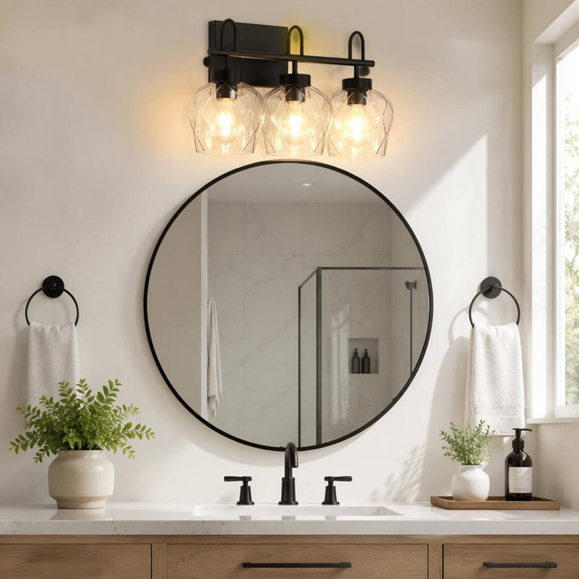 Angle. RYHNUYNE - Black 3‑Light Bathroom Vanity Light,Wall Sconce with Clear Glass Shade for Bathroom - Black.