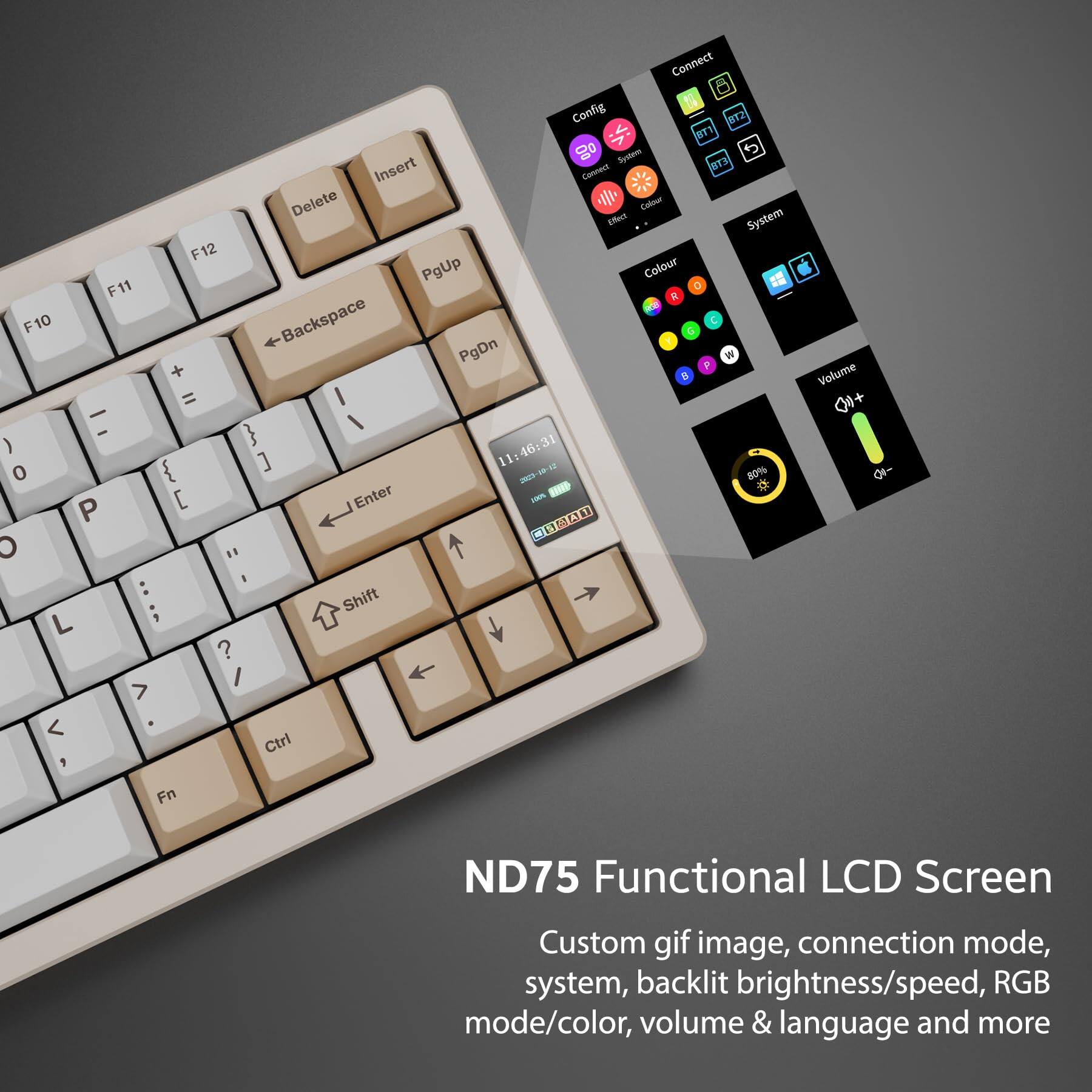 Sure, here is the corrected and grouped text:

---

**ND75 Functional LCD Screen**

Custom gif image, connection mode, system, backlit brightness/speed, RGB mode/color, volume & language and more

---

**Config**

- Connect
- System
- Colour
- Effects

**System**

- Custom gif image
- Connection mode
- Backlit brightness/speed
- RGB mode/color
- Volume & language

**Colour**

- R
- G
- B
- W
- P

**Volume**

- Volume up
- Volume down

**Keyboard Keys**

- Connect
- Config
- Delete
- Insert
- F12
- PgUp
- F11
- Backspace
- F10
- PgDn
- Colour
- F12
- PgUp
- F11
- Backspace
- F10
- PgDn
- Colour
- F12
- PgUp
- F11
- Backspace
- F10
- PgDn
- Colour
- F12
- PgUp
- F11
- Backspace
- F10
- PgDn
-