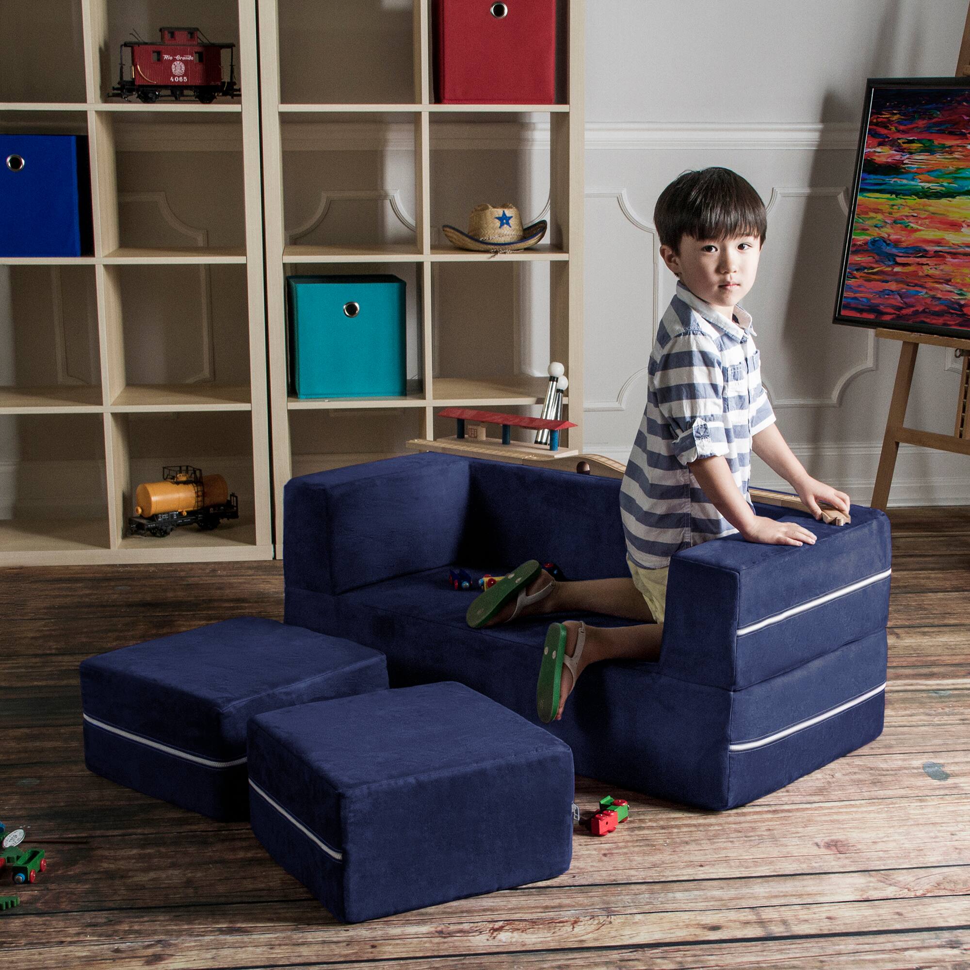 Alt View 3. Jaxx - Jaxx Zipline Kids Modular Loveseat & Ottomans/Fold Out Lounger, Navy - Navy.