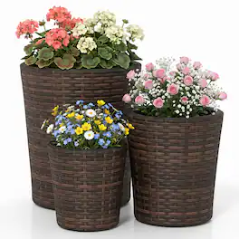 Costway - 3PCS Plastic Planters, 14 & 11 & 9 Inch Taper Rattan Planters with Drainage Holes - Brown