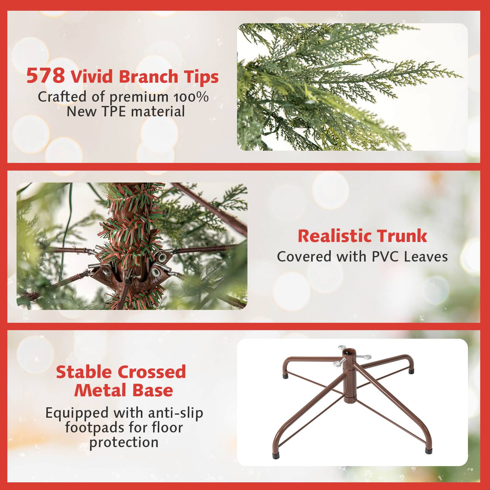 578 Vivid Branch Tips  
Crafted of premium 100% New TPE material  

Realistic Trunk  
Covered with PVC Leaves  

Stable Crossed Metal Base  
Equipped with anti-slip footpads for floor protection