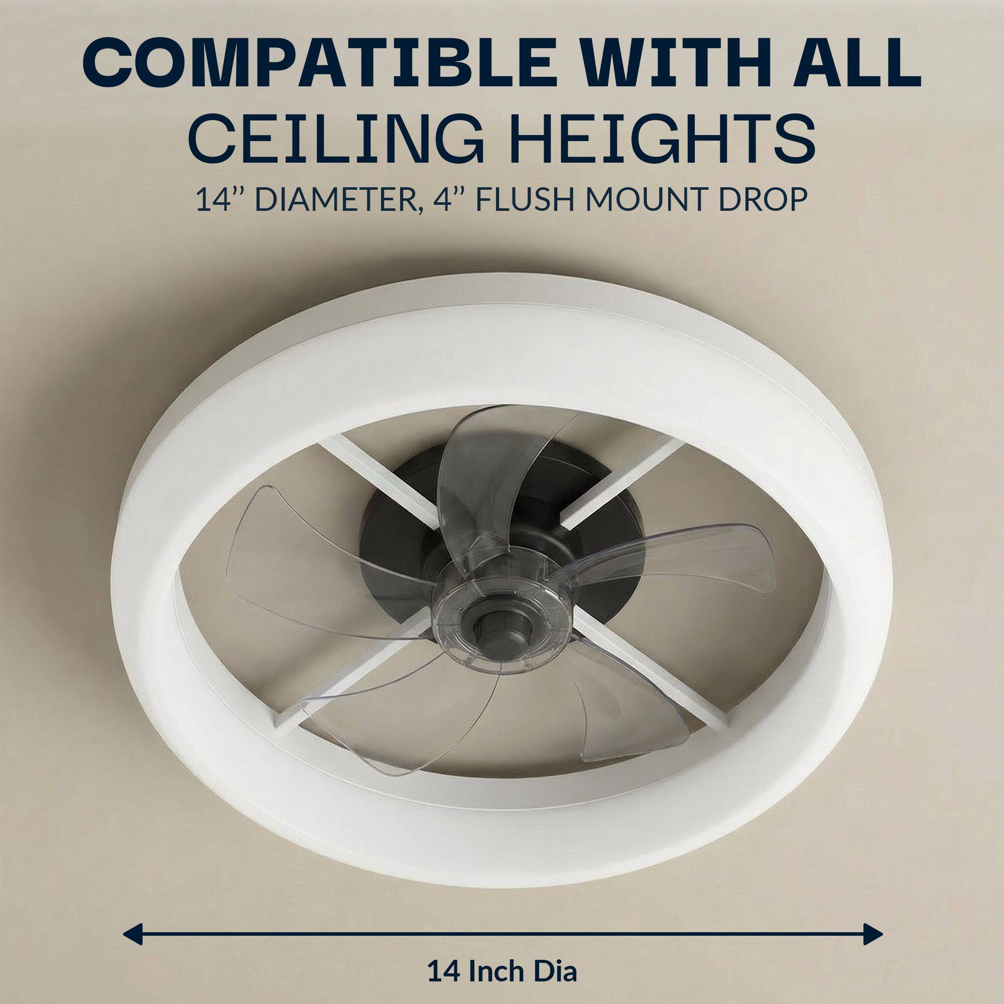 COMPATIBLE WITH ALL CEILING HEIGHTS  
14" DIAMETER, 4" FLUSH MOUNT DROP  

14 Inch Dia