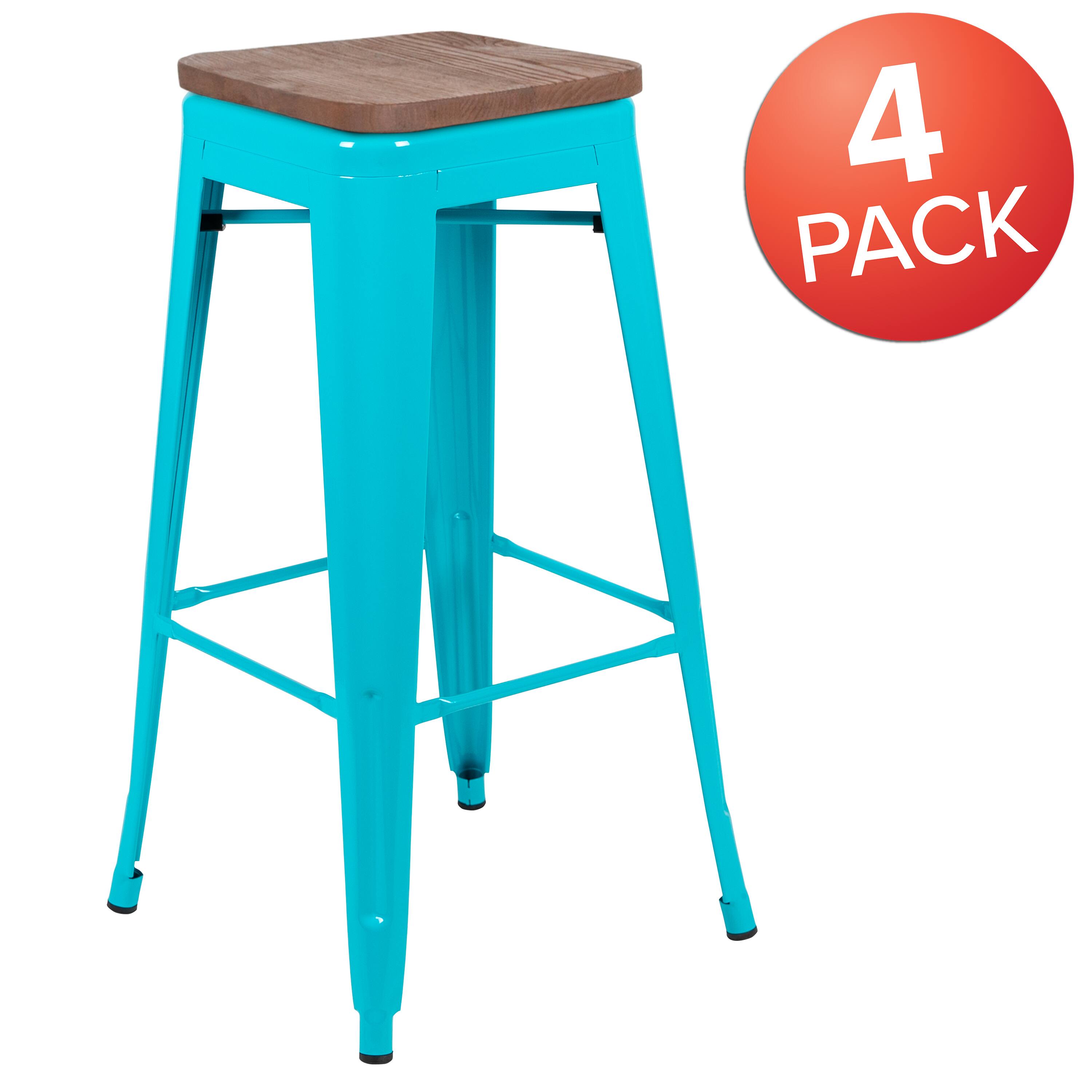 Alt View 2. Emma + Oliver - 30" High Metal Indoor Bar Stool with Wood Seat - Stackable Set of 4 - Teal.