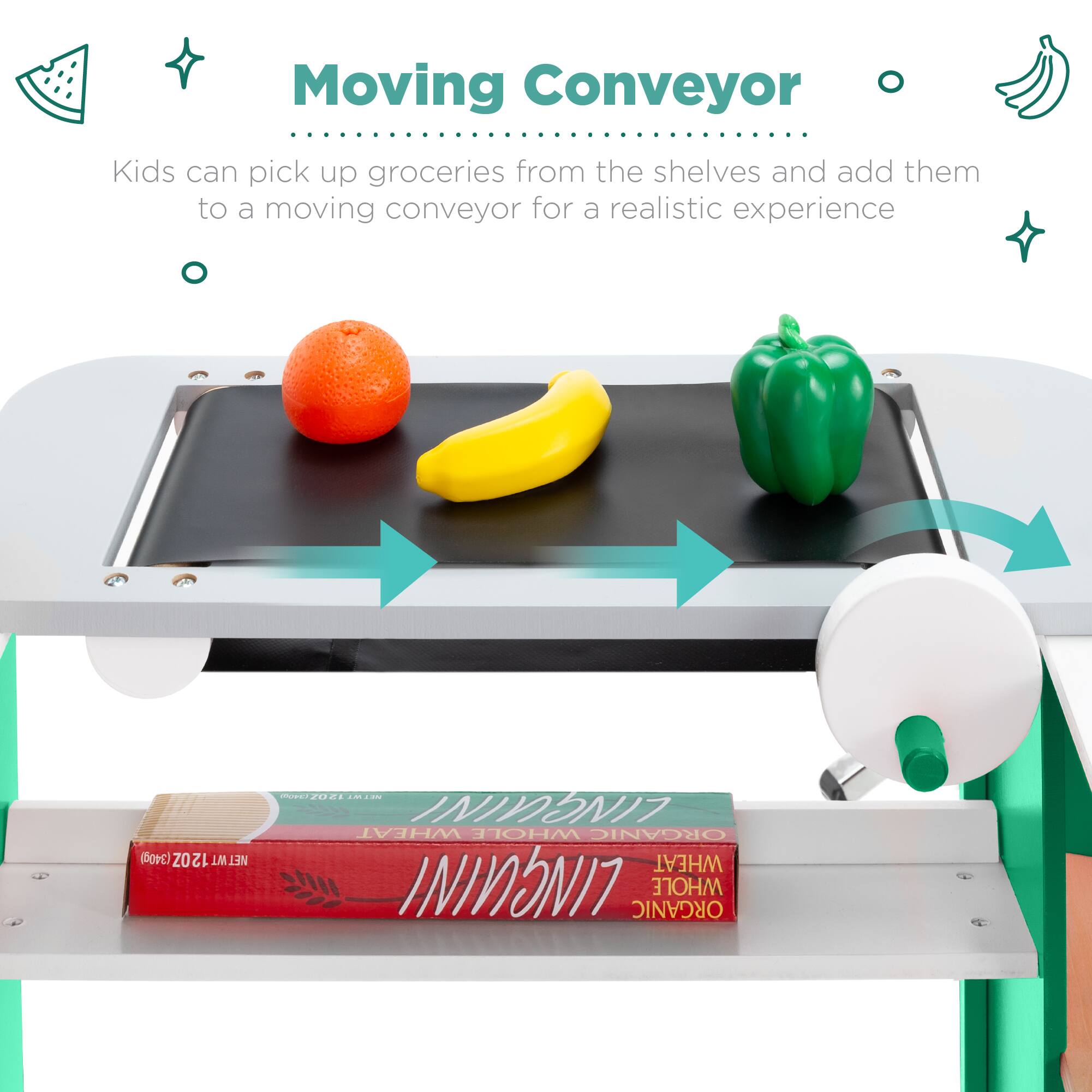 Moving Conveyor

Kids can pick up groceries from the shelves and add them to a moving conveyor for a realistic experience

12 OZ WT NET

ORGANIC WHOLE WHEAT