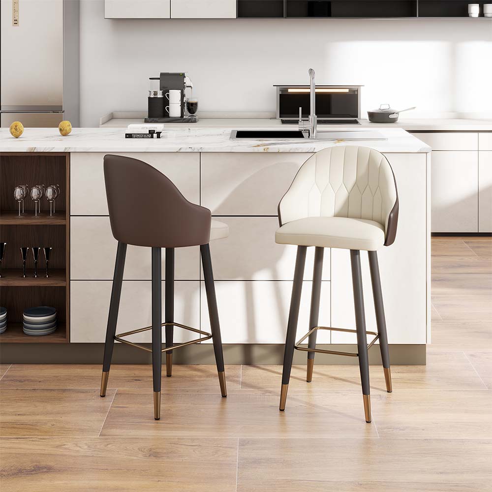 Front. POVISON - 30" Modern Bar Stools Set of 2, Leather Bar Stools with Backs, Upholstered Bar Stools, Beige Bar Stools, Brown - Brown PU Leather.
