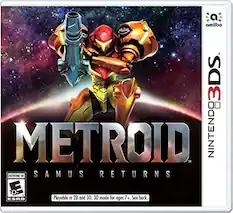 A amiibo 3DS METROID NINTENDO TM EVERYONE 10 SAMUS RETURNS i 10 ESRB Playable in 2D and 3D. 3D mode for ages 7+. See back.