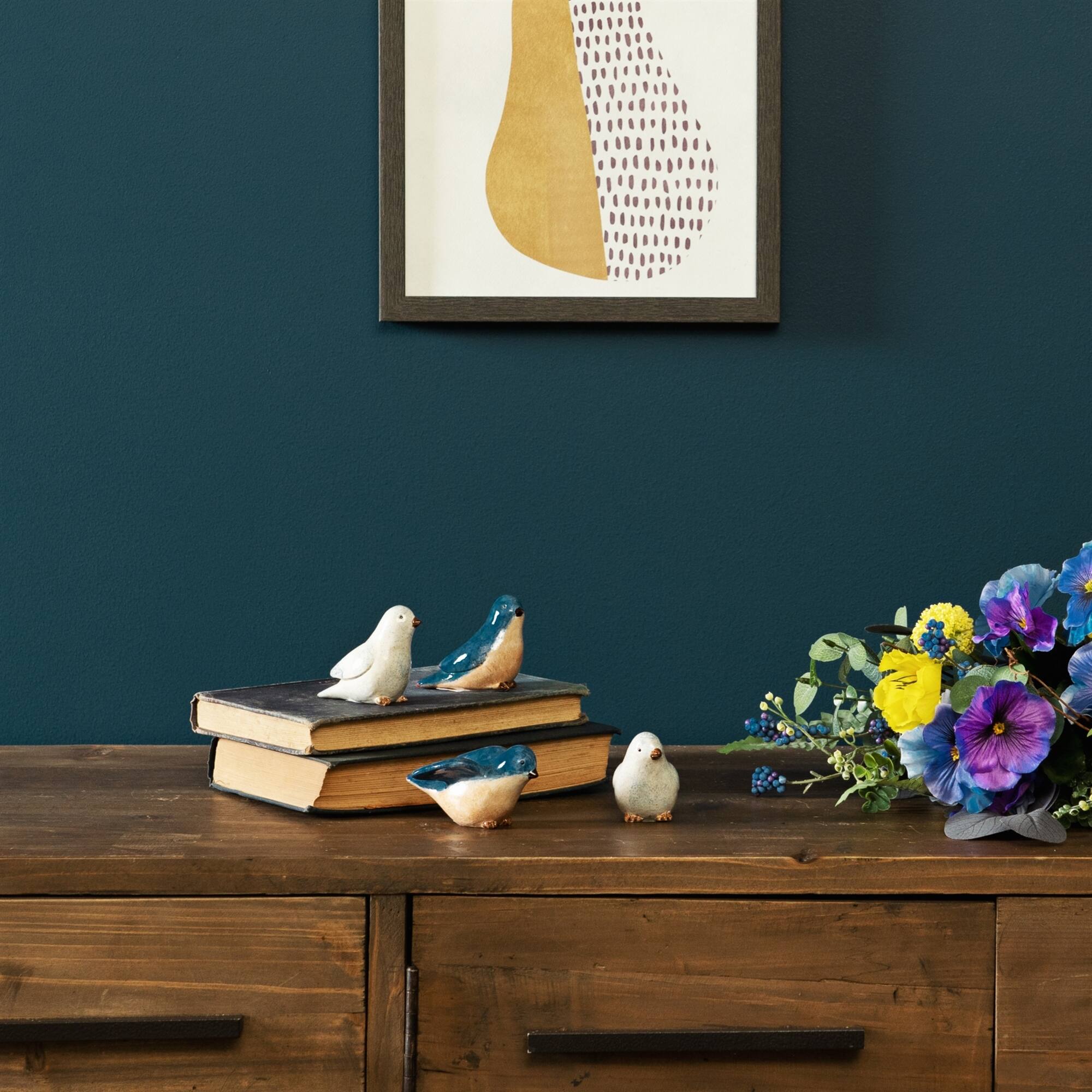 Back. BreeBe - Blue Birds Sitting Figurine (Set of 4) - Blue, White, Brown.