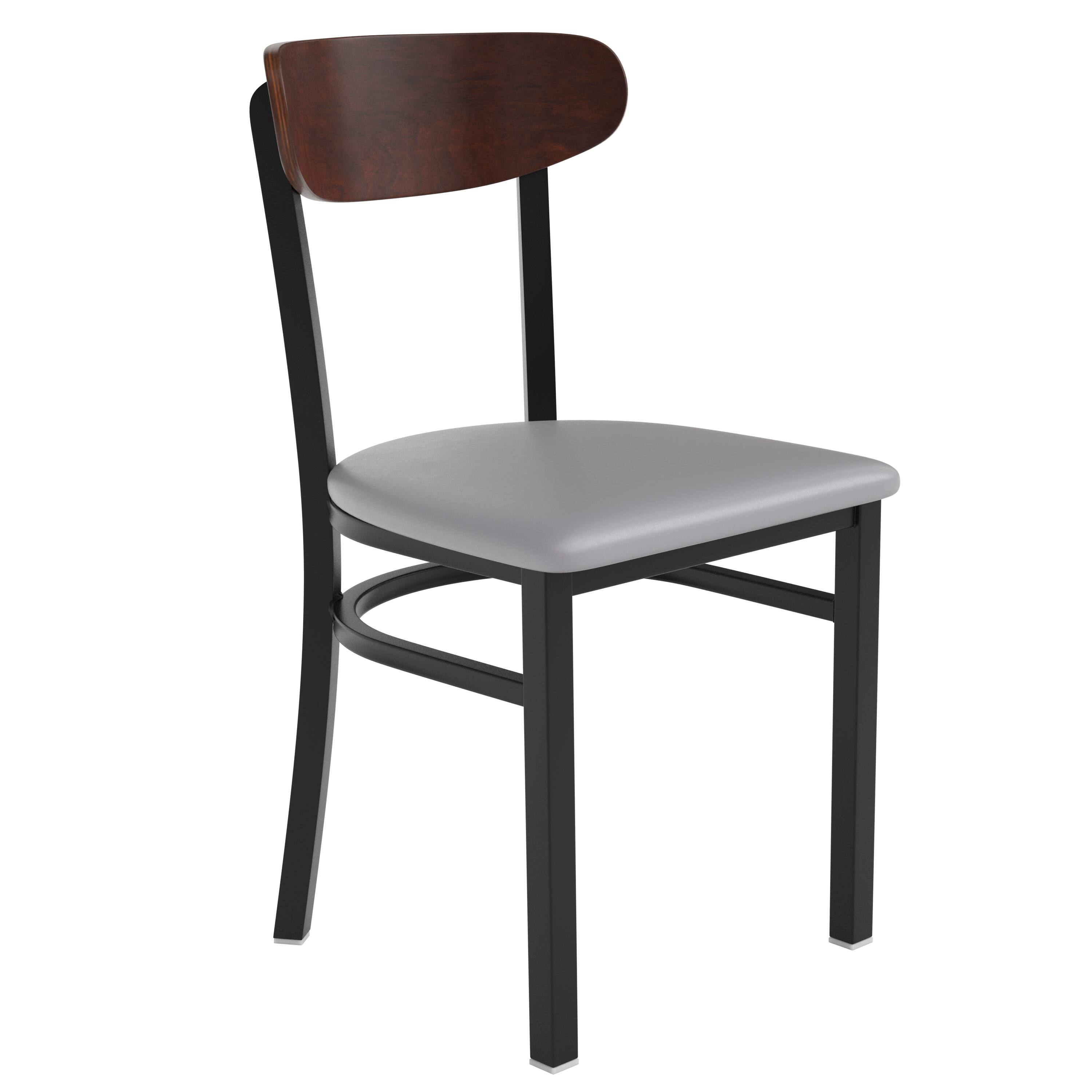 Emma + Oliver - Yara Industrial Dining Chair with Rolled Steel Frame and Solid Wood Seat - 500 lbs. Static Weight Capacity - Walnut Wood Back/Gray Vinyl Seat