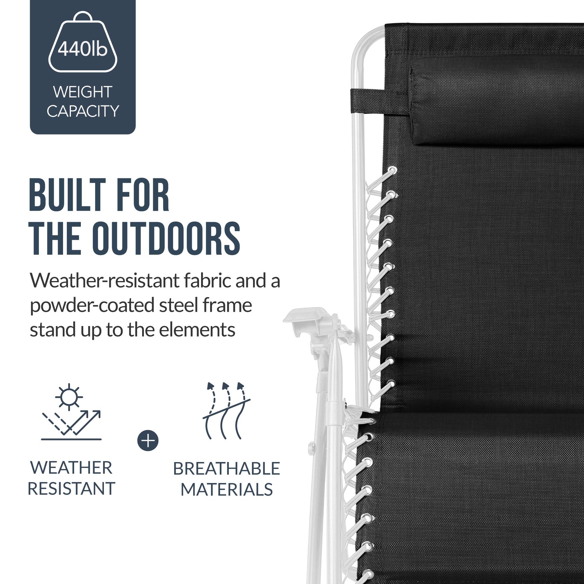 440lb WEIGHT CAPACITY  
BUILT FOR THE OUTDOORS  
Weather-resistant fabric and a powder-coated steel frame stand up to the elements  
WEATHER RESISTANT + BREATHABLE MATERIALS