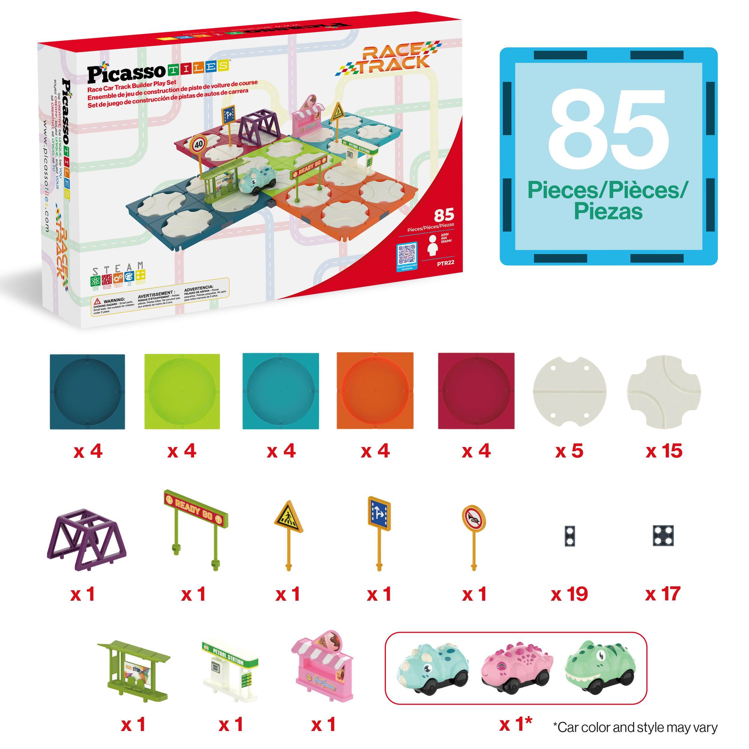 Picasso Race Car Track Builder Play Set  
Set de pista de carreras de coches  
Ensemble de construction de pistas de autos o carreras  
Set de juego de construcción de pistas de autos o carreras  

85 Pieces/Pieces/Piezas  

- 4 x 4 (Blue, Green, Teal, Orange, Red)  
- 5 x 5 (Gray)  
- 15 x 15 (Gray)  
- 1 x 1 (Purple structure)  
- 1 x 1 (Ready to Go sign)  
- 1 x 1 (Warning sign)  
- 1 x 1 (Direction sign)  
- 1 x 1 (No entry sign)  
- 19 x 19 (Small square pieces)  
- 17 x 17 (Small square pieces)  
- 1 x 1 (Gas station)  
- 1 x 1 (Ice cream stand)  
- 1 x 1* (Car)  

*Car color and style may vary