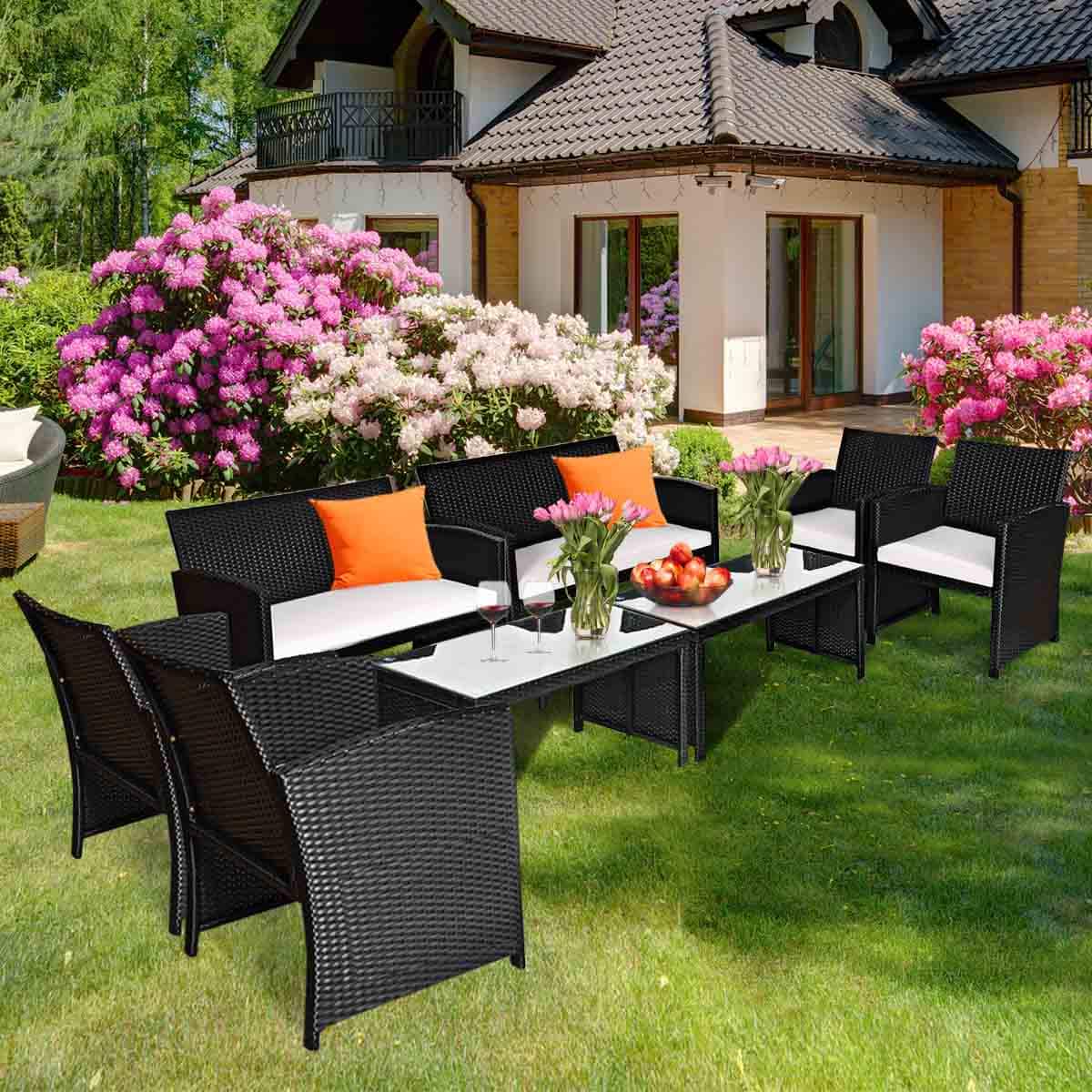 Gymax - 8PCS Rattan Patio Conversation Set Outdoor w/ Coffee Table Cushioned Sofa - Black