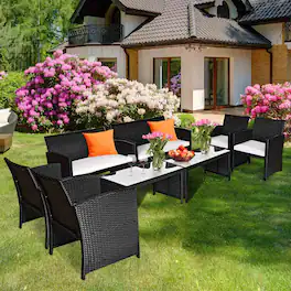 Gymax - 8PCS Rattan Patio Conversation Set Outdoor w/ Coffee Table Cushioned Sofa - Black