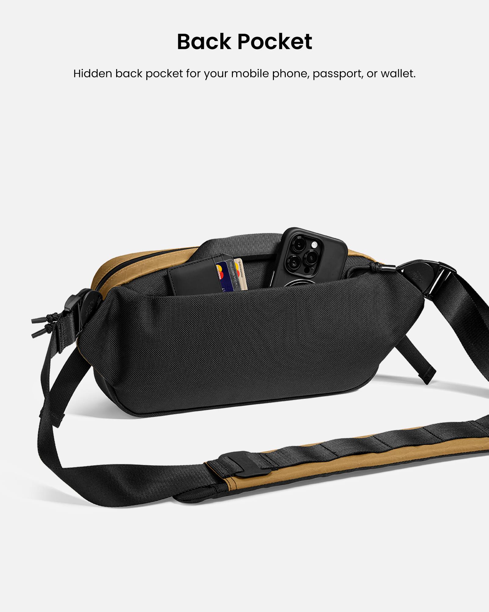 Back Pocket: Hidden back pocket for your mobile phone, passport, or wallet.