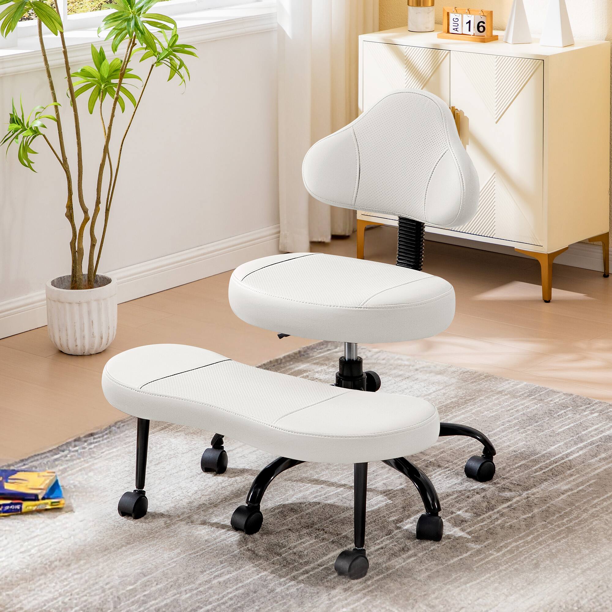 Alt View 6. KERDOM - Ergonomic Cross-Legged Office Chair with Wheels, Meditation & Kneeling Chair for Adult, PU Leather Wide Seat 360° Swivel - White.