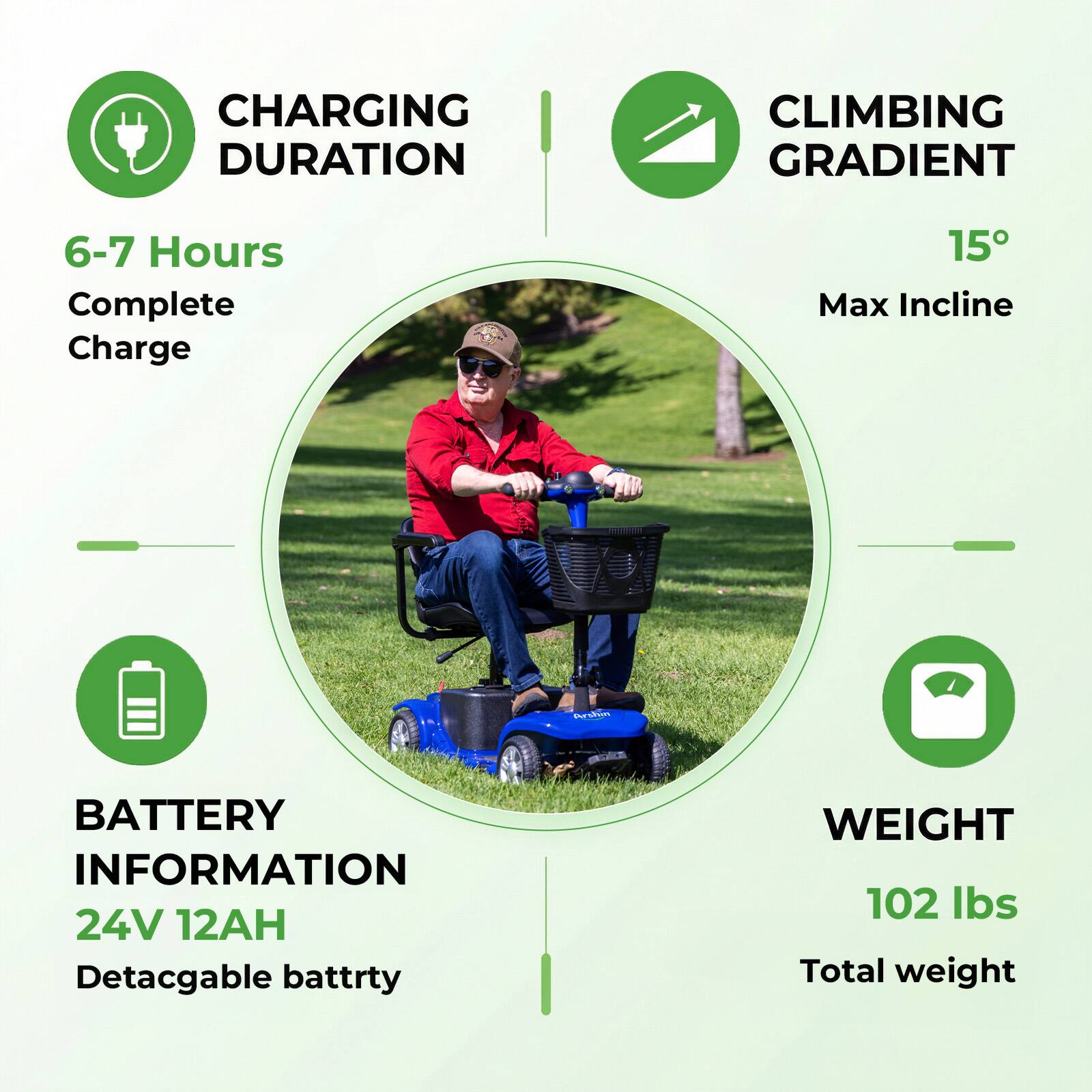 CHARGING DURATION  
6-7 Hours Complete Charge  

CLIMBING GRADIENT  
15° Max Incline  

BATTERY INFORMATION  
24V 12AH Detachable battery  

WEIGHT  
102 lbs Total weight