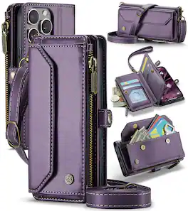 Dteck - Crossbody Wallet Case for Apple iPhone 16 Pro Max with Card Slots and Zipper Pocket, RFID Blocking PU Leather Cover - Purple