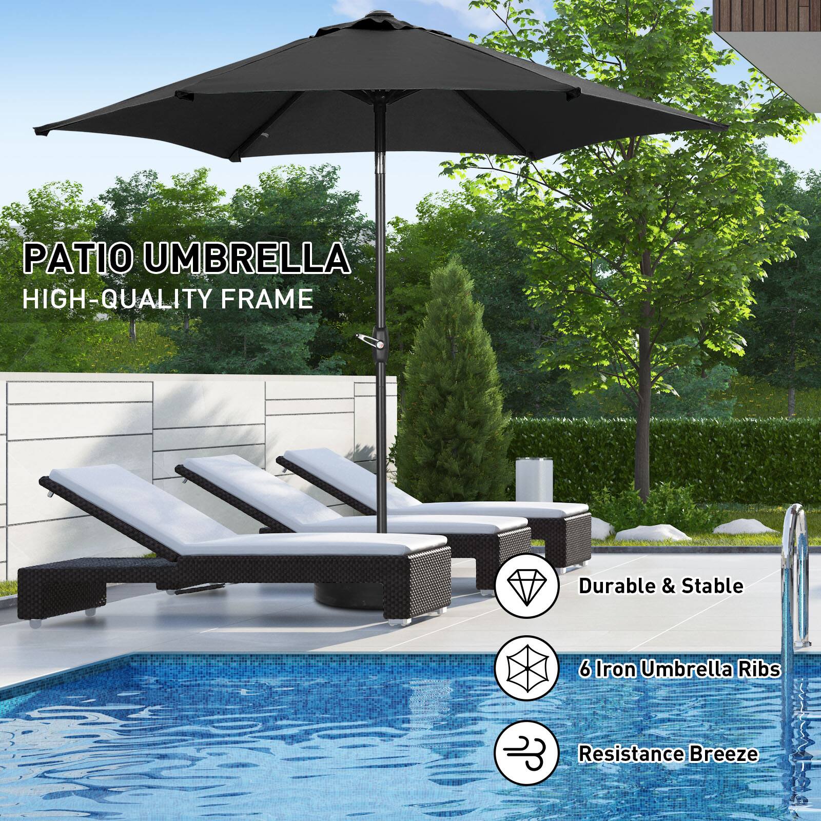 PATIO UMBRELLA  
HIGH-QUALITY FRAME  

Durable & Stable  
6 Iron Umbrella Ribs  
Resistance Breeze