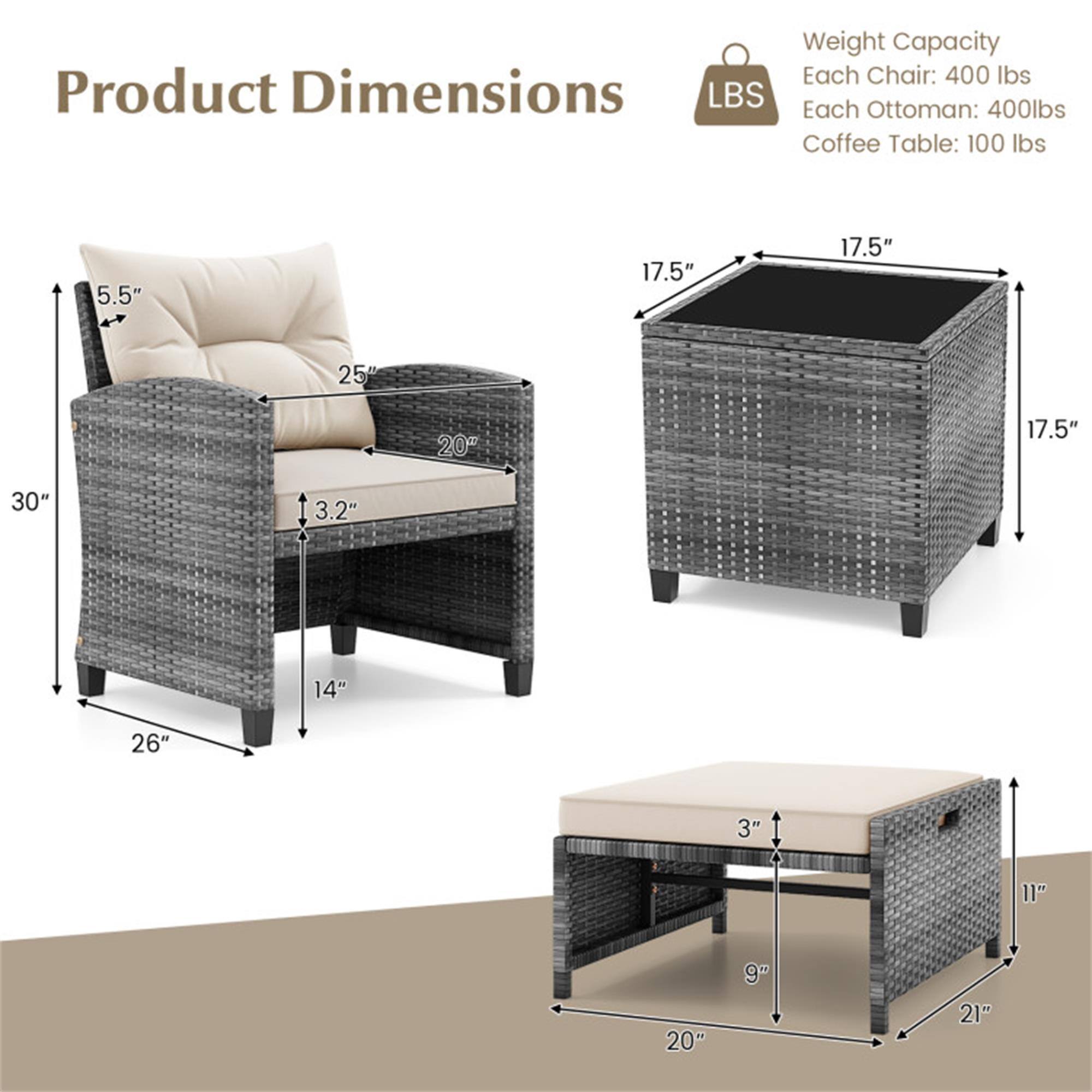 Weight Capacity:  
Each Chair: 400 lbs  
Each Ottoman: 400 lbs  
Coffee Table: 100 lbs  

Product Dimensions:  
Chair:  
- Height: 30"  
- Width: 26"  
- Depth: 25"  
- Seat Height: 14"  
- Back Height: 5.5"  
- Seat Depth: 20"  
- Arm Height: 3.2"  

Ottoman:  
- Height: 17.5"  
- Width: 17.5"  
- Depth: 17.5"  

Coffee Table:  
- Height: 11"  
- Width: 20"  
- Depth: 21"  
- Top Thickness: 3"