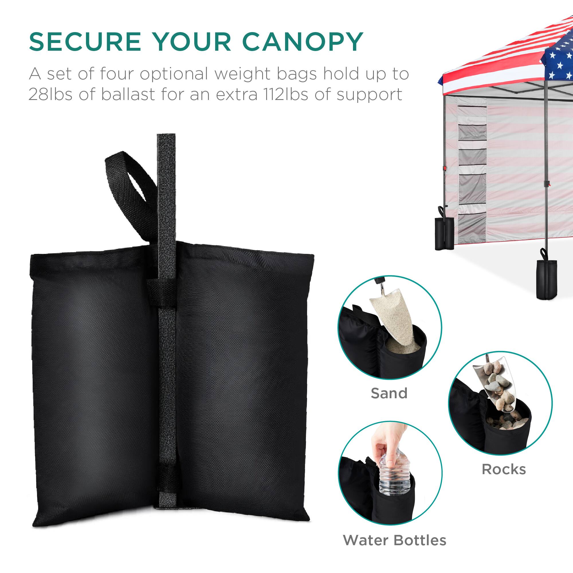 SECURE YOUR CANOPY

A set of four optional weight bags hold up to 28lbs of ballast for an extra 112lbs of support

Sand  
Rocks  
Water Bottles