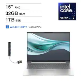 HP - EliteBook 660 Laptop 16.0 WUXGA (Intel Ultra 7 165U , 32GB DDR5, 1TB PCIe SSD, Win 11 Pro) w/USB Hub - Pike Silver