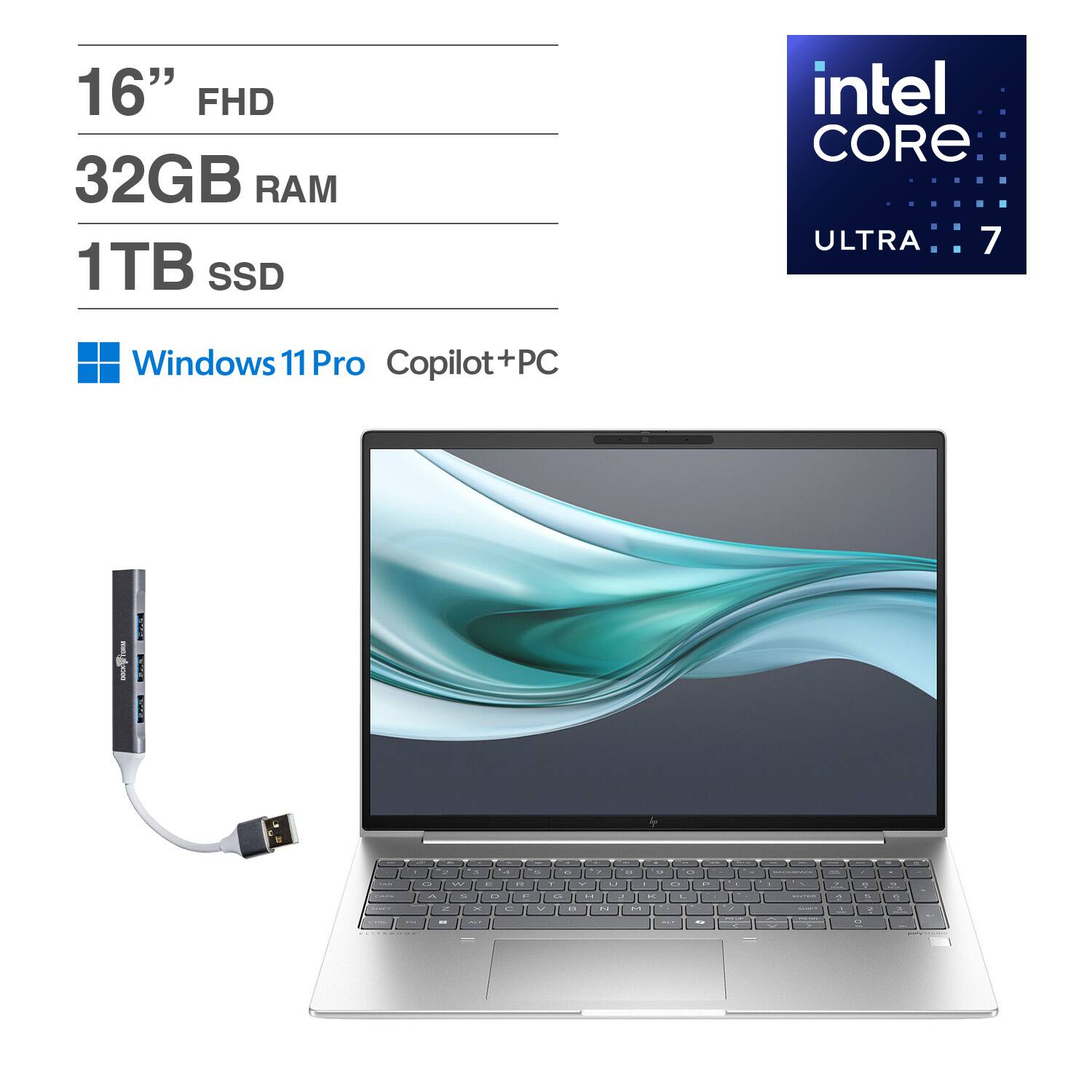 HP - EliteBook 660 Laptop 16.0 WUXGA (Intel Ultra 7 165U , 32GB DDR5, 1TB PCIe SSD, Win 11 Pro) w/USB Hub - Pike Silver