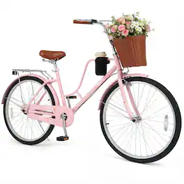Gymax - 26-Inch Beach Cruiser Bike w/Adjustable Seat Woven Basket & Rear Rack for City - Pink