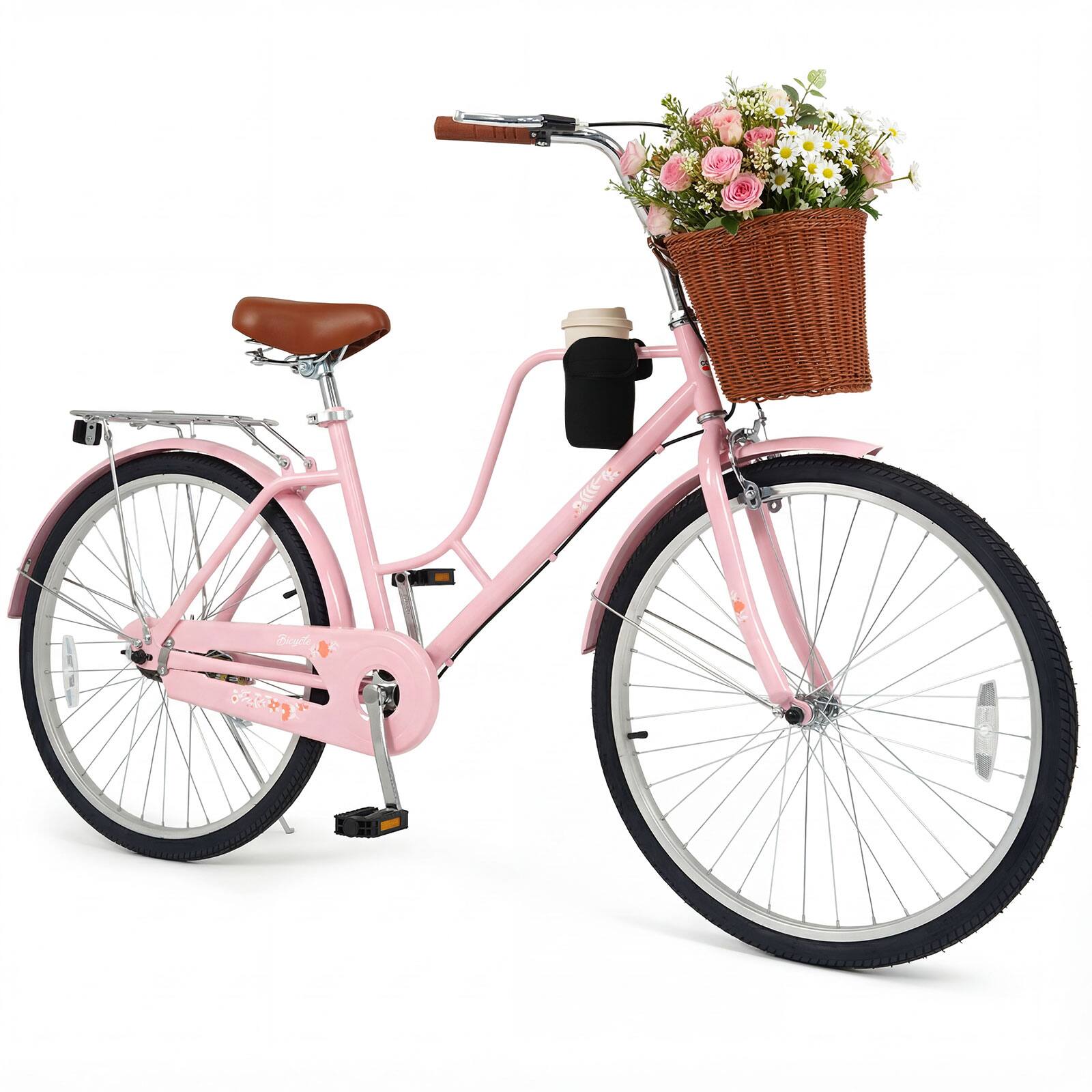 Front. Gymax - Gymax 26-Inch Beach Cruiser Bike w/Adjustable Seat Woven Basket & Rear Rack for City - Pink.