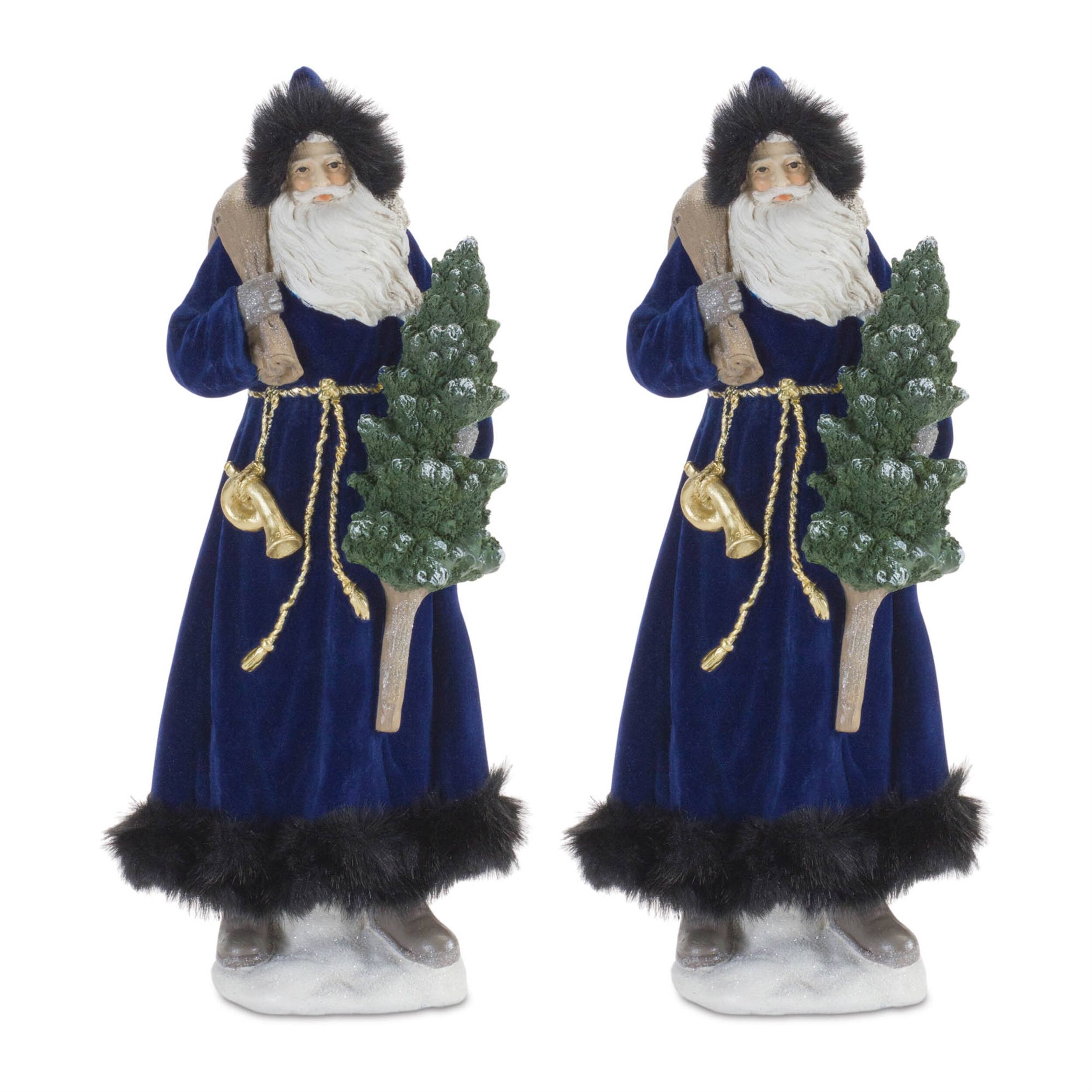 Angle. BreeBe - Hooded Santa with Frosted Pine Tree (Set of 2) - Blue, White.